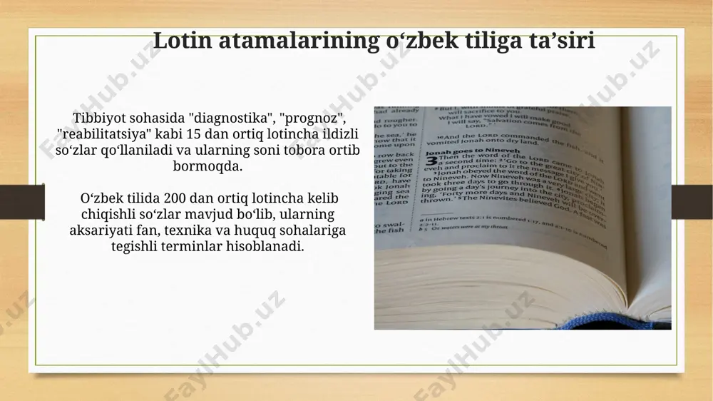 “energiya” (energy), “gravitatsiya” (gravitation), “vektor” (vector) kabi atamalar lotin tilidan olingan bo‘lib, ular fizik hodisalarni ifodalash va tushuntirishda asosiy tushunchalar hisoblanadi. lotin atamalarining zamonaviy ingliz tiliga taʼsiri lotincha "status quo" atamasi ingliz tilida "mavjud holat" degan ma'noni anglatadi va siyosat, huquq va boshqa sohalarda 300 yildan ortiq vaqtdan beri qo'llanib kelinmoqda. ingliz tilidagi "agenda" so'zi lotincha "nimalar qilinishi kerak" degan ma'noni bildiruvchi "agenda" so'zidan kelib chiqqan bo'lib, zamonaviy ingliz tilida kundalik rejalashtirishda muhim ahamiyat kasb etadi. siyosatshunoslikda lotin atamalari siyosatshunoslik lug‘atlarida lotincha prefiks va sufikslar, masalan, "inter-", "intra-", "-ism", "-ist" kabi 20 dan ziyod morfologik birliklarning yangi terminlar hosil qilishda faol ishlatilishi kuzatiladi. siyosatshunoslikda kamida 300 dan ortiq lotin terminlari qo‘llanilib, ularning 100 dan ortig‘i asosiy tushunchalarni ifodalaydi, masalan, "status quo", "de facto", "ad hoc". e'tiboringiz uchun rahmat @taqdimot_robot image7.jpg image8.jpg image9.jpg image10.jpg image11.jpg image12.jpg image13.jpg image14.jpg image15.jpg image16.jpg image17.jpg image18.jpg image3.png image4.png