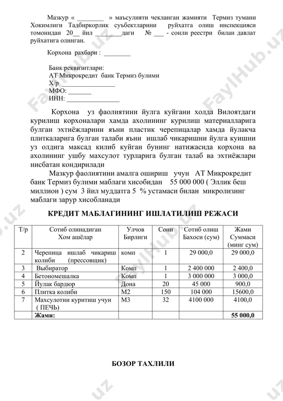 змати, санитария эпидимология инспекциясини ва сугурта ташкилоти билан узаро алокада муносабат мажбуриятларини тузади. 1. пластик черепица ишлаб чикариш харажатлари 100 м2 пластик хом ашё 500 кг х500 сум = 250 00 сум кум =81800 сум электроэнергия =19200 сум буёк = 48 000 сум сув =9600 сум жами = 408600 сум демак 100 м2 пластик черепица ишлаб чикариш учун 408600 сумлик хом ашё харажатлари зарур хисобланади корхъонада бир кунда 100 м2 пластик черепица ишлаб чикариш режалаштирилган. 2.100 м2 йулакча плиткалари ишлаб чикариш учун 800 кг цемент х 180 сум = 144 000 500 кг кум х 100 сум =50 000 500 кг шебен х 100 сум = 50 000 жами : 244 000 сум демак 100 м2 йулакча плиткалари ишлаб чикариш учун 244 000 сумлик хом ашё зарур хисобланади. корхонада бир кунда уртача 50 м2 йулакча плиткалари ишлаб чикариш режалаштирилган. ишлаб чикариш куввати т/р махсулот номи улчов бирлиги ишлаб чикариш хажми …