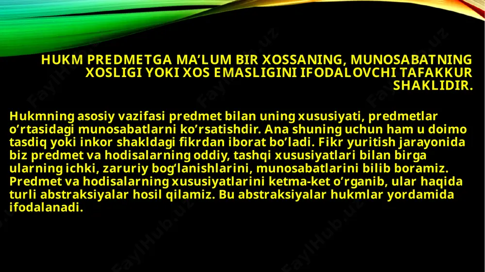 hukm deb ataladi. murakkab hukmlar «va», «yoki», «agar... unda» kabi mantiqiy bog’lamalar, inkor qilish va modal terminlarni qo’llash orqali ikki va undan ortiq oddiy hukmlarning o’zaro birikishidan hosil bo’ladi. mantiqiy bog’lovchining mazmuniga ko’ra murakkab hukmlarning qo’yidagi asosiy turlarini farq qilish mumkin: birlashtiruvchi ayiruvchi shartli ekvivalent. savol va javobning muhokama yuritishda tutgan o’rni savol - o’z-o’zidan paydo bo’lmaydi. u o’zining asosiga, (datum questioins) bazisiga ega. savolning asosini unda mujassamlashgan bilim (axborot) tashkil etadi. savollarning bir qancha turlarini farq qilsa bo’ladi. xususan, savol o’zining asosiga ko’ra to’g’ri va noto’g’ri qo’yilgan savollarga bo’linadi. javob - predmet haqidagi avvalgi bilimni qo’yilgan savolga muvofiq holda aniqlashtiradigan, to’ldiradigan yangi hukm (mulohaza) dan iborat. u savolning asosini (bazisini) tashkil etuvchi bilimga tayanilgan holda yangi bilim olishga imkon beradi. bilimlarimiz predmet va hodisalar haqida avvalgi hosil qilingan hukmlar (mulohazalar) dan yangi, ularni to’ldiradigan, kengaytiradigan hukmlarni yaratishga qarab taraqqiy etib boradi. bu jarayon ma’lum bir savollarni qo’yish va ularga …