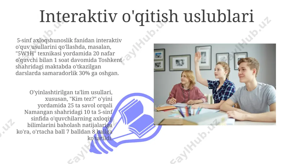 lari, o'quvchilarning empatiya va hamkorlik ko'nikmalarini rivojlantirishga yordam beradi. toshkent shahridagi 10 ta maktabda amaliy mashg'ulotlar davomida 5 ta guruhga bo'lingan o'quvchilar, 7 ta axloqiy muammoni hal qilish orqali mulohaza yuritish va qaror qabul qilish ko'nikmalarini mustahkamladilar. o'quvchilarning faol ishtiroki va muloqotini ta'minlash o'zbekistonning turli hududlaridan 4 ta o'quvchi hikoyalarini tinglash orqali, 10 daqiqalik rollarni ijro etish orqali muhokama va fikrlarni ifodalashni rivojlantirish mumkin. o'quvchilarning fikr almashinuvini rag'batlantirish uchun, "toshkent"dagi madaniy meros obyektlariga bog'liq 2 ta vaziyatli masala yechish orqali 70% ishtirokni ta'minlash mumkin. zamonaviy pedagogik texnologiyalarni qo'llash 5-sinf axloq darslarida interfaol o'yinlarni (masalan, "5 ta donolik donasi" o'yini andijon shahridagi maktablarda qo'llanilgan) qo'llash, o'quvchilarning faol ishtirokini 30% ga oshirdi va bilimlarni mustahkamlashga yordam berdi. samarqand viloyatida loyihaviy ta'lim uslubini (5 ta kichik guruhda) qo'llash natijasida o'quvchilarning mustaqil fikrlash qobiliyati va jamoada ishlash ko'nikmalari 25% ga oshdi. ota-onalar bilan hamkorlik 01 02 5-sinf axloq darslarida ota-onalar bilan samarali hamkorlikni ta’minlash …