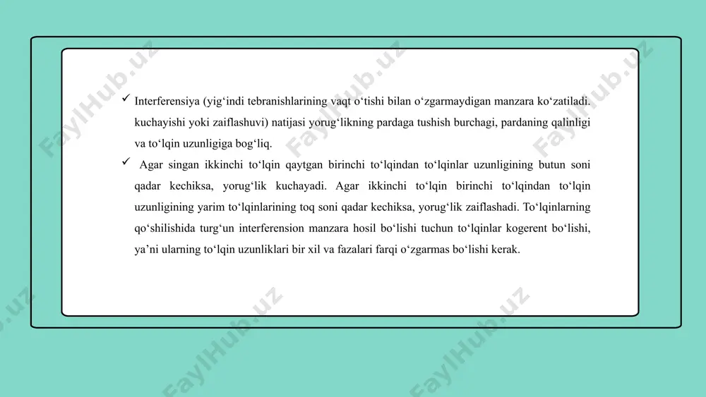 ondagi m nuqtaning yoritilganligi interferensiyalashuvchi ikki nurning yo‘l farqiga bog‘liq. chizmadan ko‘rinishicha, interferensiyalashuvchi yorug‘lik oqimlari ω fazoviy burchak o‘lchamlari orqali belgilanadi, bu burchaklar kattaligi dastalarning ustma-ust tushgan qismlarini aniqlovchi nurlar orasidagi burchakka bog‘liq bo‘ladi. bu 2φ burchak ustma-ust tushgan dastalar aperturasi deb ataladi. 2φ burchakning maksimal qiymati va shartga mos keladi; bu holda ekran cheksizlikda joylashgan bo‘ladi. odatda 2φ burchak birmuncha kichik bo‘ladi, chunki ekran s1 s2 ga nisbatan katta bo‘lgan chekli d masofada joylashgan. 2φ aperturaning kattaligi interferension maydonning burchakli o‘lchamlarini ifodalaydi, bu maydonning o‘rtacha yoritilganligi s1 va s2 manbalar tasvirlarining ravshanligi va burchakli o‘lchamlariga bog‘liq. interferensiya maydoni orqali o‘tgan to‘la oqim shu maydon yuziga va, demak, 2φ burchakka proporsionaldir. (3-rasm) 10 s dan chiqib interferometrning har bir tarmog‘i orqali m ga kelayotgan mos nurlar orasidagi 2ɷ burchak m nuqtadagi interferension effektni aniqlovchi nurlarning yoyilish burchagidan iborat. amalda bu burchak interferension maydonning har qanday boshqa nuqtasi uchun ham o‘shanday …