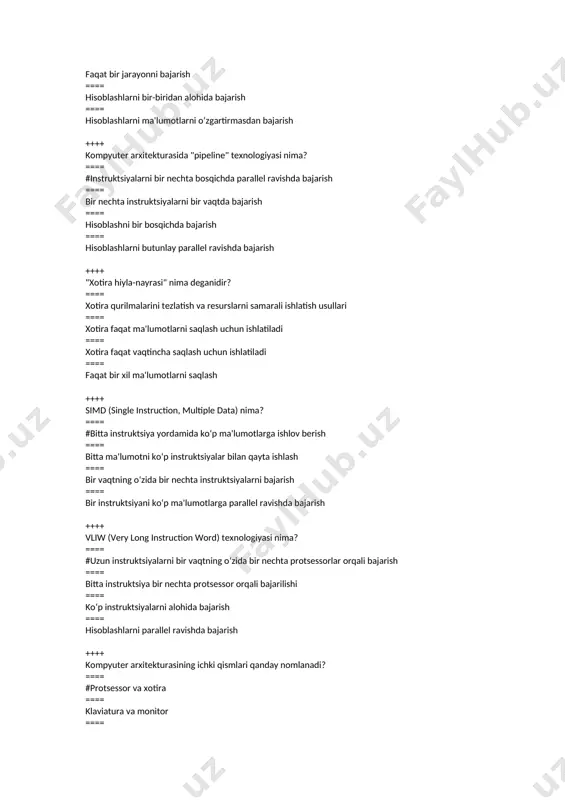 board" nima? ==== protsessorni o‘rnatish joyi ==== #kompyuterning ishlash jarayonini boshqaradigan asosiy platalar ==== xotirani saqlovchi qurilma ==== i/o qurilmalarini boshqaradigan joy ++++ kompyuterning ichki qismlariga nima kiradi? ==== monitor va klaviatura ==== #protsessor, xotira, va videokarta ==== printer va skaner ==== tarmoq kartalari ++++ kompyuter arxitekturasi ichki qismlarida xotira nima uchun ishlatiladi? ==== #ma'lumotlarni va dasturlarni vaqtincha saqlash ==== ma'lumotlarni doimiy saqlash ==== ma'lumotlarni printerga chiqarish ==== ma'lumotlarni tarmoq orqali uzatish ++++ kompyuterning tashqi arxitekturasiga nimalar kiradi? ==== i/o qurilmalari (klaviatura, monitor) ==== protsessor va xotira ==== disklar va usb portlari ===== faqat tashqi qurilmalar ++++ kompyuter arxitekturasi "bus" nima? ==== protsessorni boshqarish ==== #ma'lumotlarni xotira va protsessor o‘rtasida uzatish yo‘li ==== klaviatura va printerlar o‘rtasidagi aloqa ==== kompyuterga quvvat beruvchi tizim ++++ kompyuter ichki arxitekturasida "cache" xotira qanday rol o‘ynaydi? ==== #dasturlarni va ma'lumotlarni tezkor saqlash ==== diskda saqlangan ma'lumotlarni uzatish ==== kompyuterni tarmoqdan aloqada saqlash ==== faqat …