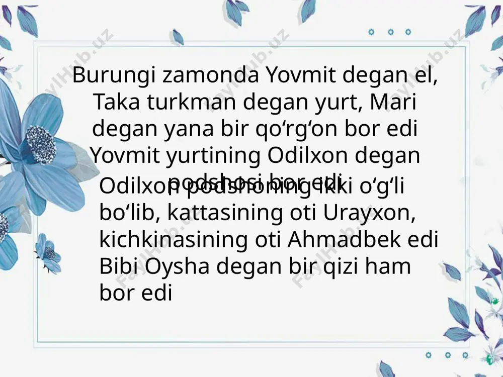 lamoqchi ekanligini aytadi shunda uning vaziri holmon dastlab elchi yuborish kerakligini aytadi, lekin uning gapiga hech kim quloq solmaydi lashkar tortiladi, shohdorxon ham noibi subyon deganni o‘zining o‘rniga o‘tqazib, lashkar ortidan ketaveradi shohdorxonning lashkari uch oy yo’l yurib, taka-yovmit urganch yurtining asqar degan tog‘iga yetib boradi o’xshash chexralar “go’ro’g’lining tug’ilishi” asqar tog’i “alpomish ” dostoni taka-yovmit elining o‘quvchi bolalar har kuni o‘qib, payshanba kuni tushdan keyin dam olishar ekan to’liboy sinchining o‘g‘li ravshanbek katta-kichik mullavachchalarga bosh bo‘lib, tog‘da sayohat qilmoqchi bo‘lishadi bolalar birdan lashkarga duch kelib qolishadi askarlar ulami bandi qilib, shohdorxon podshoning huzuriga olib borishadi podsho ularga rahm qiladi taka-yovmit eli mullavachchalarni axtarib, shu tog‘ga, qo‘shinning ustiga kelib qolishadi shohdorxonning qo‘shini quvib, ulaming yarmini bandi qilib oladi qochganlar odilxon podshoning oldiga boradi odilxon podsho kelganlaming kim ekanligini bilib kelish uchun o‘zining taka begi zamon degan lashkar boshlig‘ini bir necha odamlarga qo‘shib, elchi qilib yuboradi elchilar shohdorxon oldiga kelishadi, uning …
