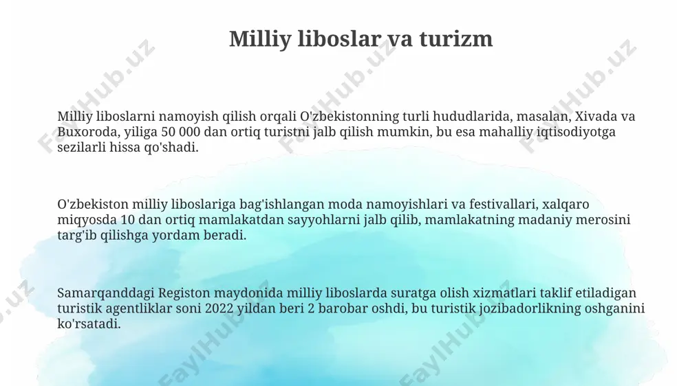 илиги намуналари сақланади ва ўргатилади. бухоро ва самарқанд каби тарихий шаҳарларда миллий либослар тайёрлаш бўйича 20 дан ортиқ анъанавий устахоналар сақланиб қолган, уларнинг кўплари юнесконинг номоддий маданий мероси рўйхатига киритилган. 2023 йилда тошкентда ўтказилган "миллий либослар фестивали"да 500 дан ортиқ иштирокчи ўз минтақаларининг 15 дан ортиқ турли миллий либосларини намойиш этди, бу маданий мероснинг бойлигини кўрсатади. e'tiboringiz uchun rahmat @taqdimot_robot image1.png
