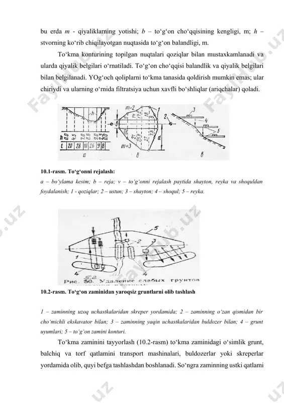 ‘rnatiladi. to‘g‘on cho‘qqisi balandlik va qiyalik belgilari bilan belgilanadi. yog‘och qoliplarni to‘kma tanasida qoldirish mumkin emas; ular chiriydi va ularning o‘rnida filtratsiya uchun xavfli bo‘shliqlar (ariqchalar) qoladi. 10.1-rasm. to‘g‘onni rejalash: a – bo‘ylama kesim; b – reja; v – to‘g‘onni rejalash paytida shayton, reyka va shoquldan foydalanish; 1 - qoziqlar; 2 – ustun; 3 – shayton; 4 – shoqul; 5 – reyka. 10.2-rasm. to‘g‘on zaminidan yaroqsiz gruntlarni olib tashlash 1 – zaminning uzoq uchastkalaridan skreper yordamida; 2 – zaminning o‘zan qismidan bir cho‘michli ekskavator bilan; 3 – zaminning yaqin uchastkalaridan buldozer bilan; 4 – grunt uyumlari; 5 – to‘g‘on zamini konturi. to‘kma zaminini tayyorlash (10.2-rasm) to‘kma zaminidagi o‘simlik grunt, balchiq va torf qatlamini transport mashinalari, buldozerlar yoki skreperlar yordamida olib, quyi befga tashlashdan boshlanadi. so‘ngra zaminning ustki qatlami yumshatgichlar bilan yoki 0,3 m gacha chuqurlikda shudgorlab yumshatiladi va to‘kma tanasi loyixada belgilangan zichlikka etgunga qadar g‘altaklar bilan shibbalanadi. shu tariqa …