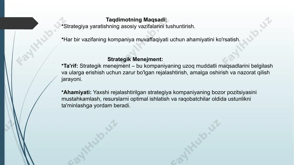 bilimlari. misol: mahsulot yoki xizmatlarning noyob xususiyatlari. tashqi atrof-muhit: bozor tendensiyalari: bozorning o'zgarishi, iste'molchi xohishlari, va yangi imkoniyatlar. misol: yangi texnologiyalar yoki mahsulotlar bozor tendensiyalari. raqobat: raqobatchilar va ularning strategiyalari, kuchi va zaifliklari. misol: raqobatchilar mahsulotlari va xizmatlari, narx siyosati. iqtisodiy sharoit: umumiy iqtisodiy holat, inflyatsiya, va boshqa makroiqtisodiy omillar. misol: iqtisodiy inqiroz yoki o'sish davri. usullar: swot tahlili: kuchli tomonlar: kompaniyaning o'ziga xos afzalliklari. zaif tomonlar: raqobatchilarga nisbatan kamchiliklar. imkoniyatlar: bozorda yangi imkoniyatlar. tahdidler: tashqi xavf-xatarlar. pest tahlili: siyosiy omillar: davlat siyosati va regulyatsiyalar. iqtisodiy omillar: yig'ilish va soliq siyosati, iqtisodiy barqarorlik. ijtimoiy omillar: ijtimoiy tendensiyalar, demografik o'zgarishlar. texnologik omillar: yangi texnologiyalar, innovatsiyalar. strategiyani formulalash strategik rejalashtirish: jarayon: maqsadlarni belgilash, strategik variantlarni ishlab chiqish, va qarorlar qabul qilish. strategik rejalashtirishning asosiy bosqichlari. asosiy e'tiborga olinishi kerak bo'lgan omillar: raqobatchilar: raqobatchilarning kuchi, zaifliklari va bozor ulushi. bozor talablari: iste'molchi ehtiyojlari, talab va taklif. ichki resurslar: moliyaviy, texnologik va inson resurslari. …