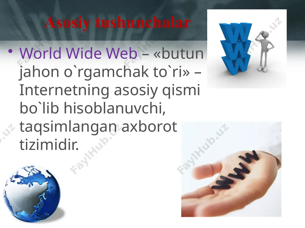 tilishi. 989 - internetda 100 000 dan ziyod kompyuterlar. 1991 - www (world wide web) ni ishlab chiqish– bernest-li. 1991 – rossiyaning internetga qo`shilishi. 1994 – dastlabki internet magazinlar. 2008 - internetda 175 mln. dan ziyod saytlar. 21 internet xizmatlari protokollari http (hypertext transfer protocol) – www xizmati. ftp (file transfer protocol) –fayl almashinuvi xizmati. smtp (simple mail transfer protocol) – elektron pochta xabarlarini yuborish. pop3 (post office protocol) – elektron pochta xabarlarini qabul qilish. tcp http ftp smtp pop3 barcha xizmat protokollari tcp/ip ga asoslangan! ! ip 22 23 elektron pochta (e-mail) vasya@mail.ru tijorat «at» «kuchukcha» (rossiya) «mushukcha» (polsha) «atirgul» (turkiya) john@yahoo.com www.yahoo.com smtp smtp pop3 pop3 pochta serveri pochta yashigi почтовый сервер почтовый ящик @ www.mail.ru pochta serveri pochta yashigi pochta serveri 23 24 forumlar (telekonferentsiyalar) forum – xabar valmashinuvi ko`rinishida muloqot. avatar nik (taxallus) sitata nik (ing. nickname) – taxallus, nom. мoderator (administrator) – konferentsiya ishtirokchisi bo`lib: …