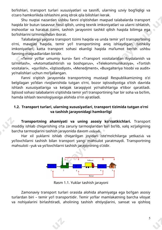 o’yilgan lug’atlar va atamalar yetishmasligini hisobga olib, ushbu o’quv qo’llanmada temir yo’llarda ko’p qo’llanadigan, barcha mutaxassislar bilishi lozim bo’lgan zaruriy lug’aviy iboralar ilova qilindi. mualliflar tomonidan bir qator yangi, temir yo’llarga xos atamalar qo’llandi va buning uchun avvalo kitobxonlar, hamda o’z kasbining yetuk mutaxassislariga uzr aytib, ushbu atamalar bo’yicha fikr - mulohazalarini bildiradilar deb umid qilamiz. kitobxon tomonidan bildirilgan har qanday fikr va mulohazalar, takliflar ushbu qo’llanmalani darslik sifatida keng ommaga tayyorlash uchun foydadan holi bo’lmaydi degan umiddamiz. «temir yo’llar umumiy kurslar» kitobini yozib tayyorlashda shu vaqtgacha amalda bo’lgan, rossiya davlatining temir yo’l oliy o’quv yurtlari uchun tavsiya etilgan, professor v.i. kovalyov, yu.i. yefimenkolar raxbarligida sankt – peterburg davlat temir yo’llar universitetining bir gurux olimlari tomonidan yaratilgan «jelezno’ye dorogi. obhiy kurs» darsligi asos qilib olindi va ushbu institut mutaxasislarining maslahatlari inobatga olindi. mualliflar institutning ustoz olimlariga o’z minnatdorchiligini bildiradi. 1. «temir yo’llar umumiy kursi» fanini o’qitish maqsadi va vazifalari. temir …