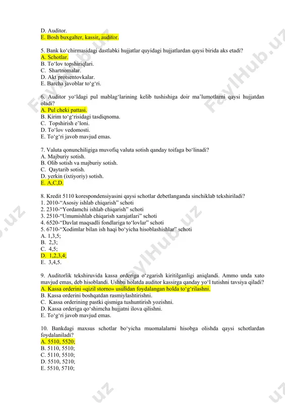 4, 16. 9. agar tmz sotilayotgan paytda uning bahosi tannarxidan tushib ketsa, qqs qaysi so‘mmadan hisoblanadi? a. realizatsiya bahosidan. b. tannarxidan. c. realizatsiya va tannarx baholari farqidan. d. bozorda yurib turgan bahodan. e. boshlang‘ich bahoda. 10. tmz larning sotilishi bo‘yicha auditor qaysi schot ma’lumotlarini tekshirishi kerak? a. 1010, 9220, 6410; b. 0110, 1510, 2010; c. 2810, 5010, 5710; d. 9220, 1010, 0110; e. to‘g‘ri javob mavjud emas. 1. korxonaning bankdagi schotlar bo‘yicha ma’lumotlarini tekshirishda auditor quyidagi ma’lumotlarning qaysi biridan foydalanadi? a. o‘tkazilgan tekshirish asosida oraliq dalolatnomasidan. b. hisob yuritish siyosati to‘g‘risidagi buyruqning pul mablag‘lari hisobiga doir bo‘lishi. c. kredit bo‘limi hisob kitobini. d. buxgalteriya balansi 2-shakli. e. buxgalteriya balansi 5-shakli. 2. kassani tekshirish boshlanganda auditorning dastlabki asosiy ishi nimadan iborat? a. bosh buxgalterni bitta yoki bir nechta korxonada ishlashini o‘rganish. b. kassir hisobotlarini o‘rganish. c. tekshirilayotgan korxonada bitta yoki bir nechta kassir ishlashini o‘rganish. d. buxgalterning kassa muomalalarini yuritish qoidalariga …