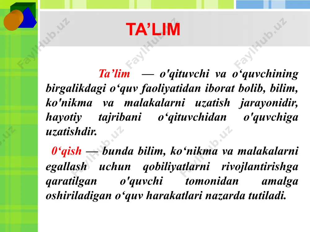 qali o’quvchilarda ta’limga aktiv munosabat namoyon bo’ladi. qiziqishlar o’quvchilar hayotida katta rol o’ynaydi. ular o’quv faoliyatini faollashtiruvchi asosiy turtkilar - motivlaridir. o’quvchilarning muayyan maqsadni ko’zlab ish tutishida, qiyinchiliklarni yenga olishida, ishdan chalg`itadigan narsalar bilan shug`ullanishdan o’zini tiya olishida, unda o’qishga ishtiyoq tarkib toptirishda namoyon bo’ladigan iroda ta’lim jarayonida alohida ahamiyat kasb etadi. ta’lim jarayonini boshqarish muammosi ta’lim jarayoni avvalo o’quvchilar diqqatini yo’lga solishni talab etadi. darslarda ko’rgazmali qurollardan, texnik va exm vositalaridan foydalanish ta’lim oluvchida ixtiyorsiz diqqatni yuzaga keltiradi. ta’lim jarayonida ta’lim beruvchining vazifasi darsda ishlash xolatini yuzaga keltirishgina emas, balki o’quvchilarning darsda o’tiladigan materialini idrok etishga tayyor turishlarini ko’zatish hamdir. ta’lim jarayonining samaradorligi ko’p jihatdan o’qituvchi tomonidan beriladigan ko’rsatmalarga ham bog`liq. o’qituvchining roli shundan iboratki, u o’quvchilarga tegishli ustanovkani hosil qilishi, nimani vaqtincha, nimani umrbod esda olib qolishi keraqligini, nimani butunlay esda olib qolmasdan, faqat tushunib olish kifoya qilishini, nimani so’zma-so’z esda olib qolishni, nimaning ma’nosini o’z so’zlari bilan …