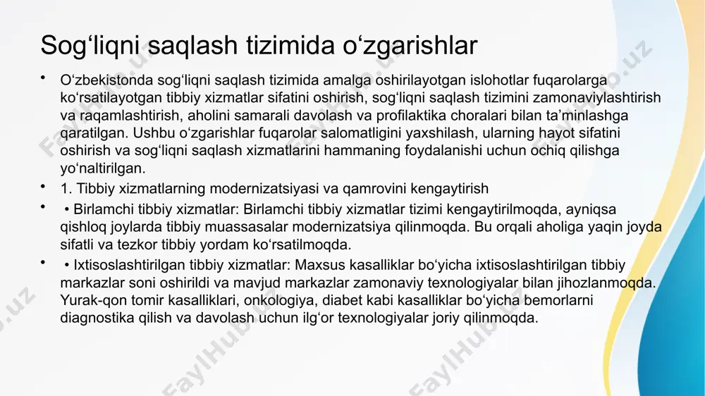 ing oldini olish bo‘yicha ommaviy tadbirlar o‘tkazilmoqda. bu dasturlar orqali yurak-qon tomir kasalliklari, diabet va boshqa surunkali kasalliklarning kamayishi maqsad qilingan. aholini ijtimoiy himoya qilish o‘zbekiston respublikasida aholini ijtimoiy himoya qilish sohasida amalga oshirilayotgan islohotlar, kam ta’minlangan va ehtiyojmand oilalarga, nogironlarga, keksa yoshlarga va boshqa himoyaga muhtoj qatlamlarga qo‘llab-quvvatlash ko‘rsatish maqsadida amalga oshirilmoqda. ushbu islohotlar ijtimoiy barqarorlikni ta’minlash va fuqarolar farovonligini oshirishga qaratilgan. 1. kam ta’minlangan oilalarga yordam • ijtimoiy nafaqalar va yordamlar: kam ta’minlangan oilalarga moddiy yordam ko‘rsatish uchun ijtimoiy nafaqalar tizimi takomillashtirilmoqda. bunga farzandlar, nogironlar va ishga qabul qilinmagan ota-onalar uchun nafaqa to‘lash, shuningdek, imtiyozlar va subsidiyalar kiritiladi. • ijtimoiy xizmatlar va dasturlar: oila va bolalarni himoya qilish bo‘yicha maxsus dasturlar ishlab chiqilgan. bular kam ta’minlangan oilalarga qo‘shimcha yordamlar va xizmatlar ko‘rsatishga yo‘naltirilgan. 2. nogironlar va ehtiyojmand fuqarolarni qo‘llab-quvvatlash • nogironlar uchun maxsus dasturlar: nogironlar va ularning oilalari uchun maxsus dasturlar joriy etilmoqda. ushbu dasturlar orqali nogironlar uchun …