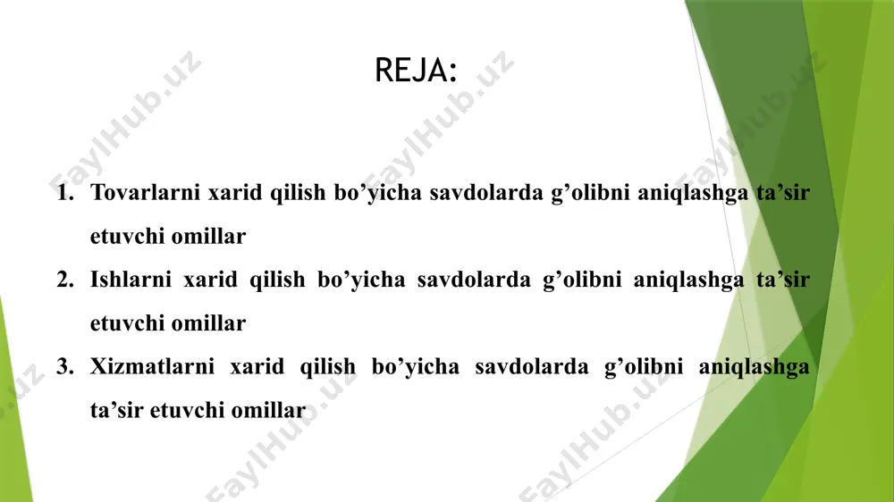 rid qilish bo’yicha savdolarda g’olibni aniqlashga ta’sir etuvchi omillar jahon bankining “jahon tiklanish va taraqqiyoti bankining (jttb) qarzlari va jahon rivojlanish assotsiatsiyasi (jra) kreditlari hisobiga xarid” yo’riqnomasining 2.48 punktida shunday ko’rsatadiki: “....shartnoma eng past bahoni taklif etgan ishtirokchiga taqdim etiladi”. yo’riqnomaning keyingi 2.51 punktida: “....bahodan tashqari boshqa omillar ham aniq ko’rsatilishi shart....va taklifni eng past baholarda ekanligini aniqlash maqsadida, ularni (omillarni) hisobga olish tartibi. tovarlar va asbob-uskunalarni etkazib berish takliflarini ko’rib chiqishda quyidagilarga e’tibor berish lozim... ob’ektgacha bo’lgan masofada ichki tashish xarajatlari miqdori va sug’urta qilish xarajatlari... foydalanish bilan bog’liq xarajatlar miqdori, quvvati va boshqa uskunalarga mos kelishi, ehtiyot qismlarning mavjudligi va texnik xizmat ko’rsatish imkoniyatlari..., shuningdek, personalni o’qitish, texnik xavfsizlik va atrof-muhitga ta’siri birlamchi darajada e’tibor berilishi lozim”. 1. tovarlarni xarid qilish bo’yicha savdolarda g’olibni aniqlashga ta’sir etuvchi omillar xuddi shunday ko’rsatmalar jahon bankining namunaviy tender hujjatlarida ham o’z ifodasini topgan (wb standard bidding documents). ushbu hujjatning 26.4 punktida …