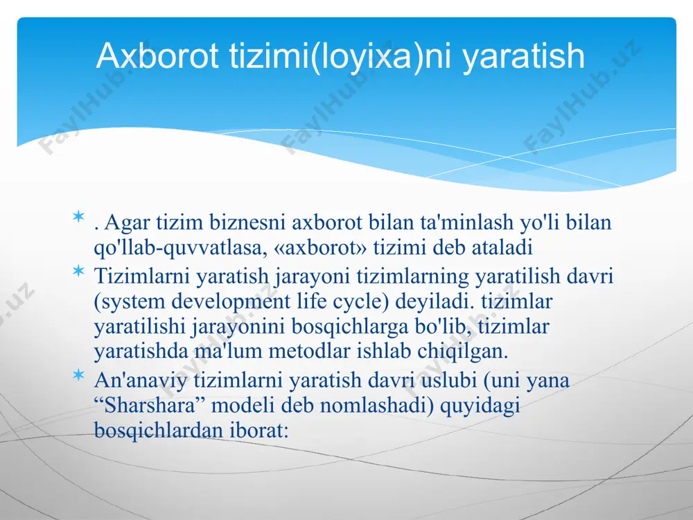 asturlarni yaxshilaydi. modulli, tarkibiy, ishonchli kabi dasturlarni ishlab chiqishning bunday uslublaridan keng foydalanish va ular qoida tariqasida bir-birini to'ldiruvchi sifatida ishlatiladi. loyihani ishlab chiqish uslublari dasturiy ta'minot loyihalarini ishlab chiqish uchun yana bir muhim kontseptsiya "ishlab chiqarish texnologiyasi" tushunchasidir. har bir texnologiya ma'lum uslubga asoslanadi, uning o'ziga xos variantidir, muayyan dasturiy vositalardan foydalanadi va ma'lum bir turdagi dasturlarni yaratishga qaratilgan. loyihani ishlab chiqish texnologiyasi quyidagilarni o'z ichiga oladi: loyihani turli bosqichlarda tasvirlash uchun til; rivojlanishni qo'llab-quvvatlash vositalari; usullar, ya'ni. rivojlanish uslubi tufayli qoidalar va tavsiyalar to'plami. bir xil dasturiy ta'minot muhitida loyihalarni ishlab chiqish usullari boshqacha bo'lishi mumkin - ishlab chiqilayotgan dasturning maqsadiga, vazifalar sinfiga, foydalanuvchilar doirasiga, ularning bilim darajasi va boshqa omillarga bog'liq. programm ta'minotini yaratish sxemalari. . programm ta'minotini yaratish spiral sxemasi. talablarni aniqlash va tahlil qilish loyihalash programma matnni yozish (―kodlash‖) programma kompleksini yig'ish ( komponovka qilish) va integratsiyalash verifikatsiyalash, testlash va sozlash xujjatlar yaratish joriy qilish(qo'llash) …