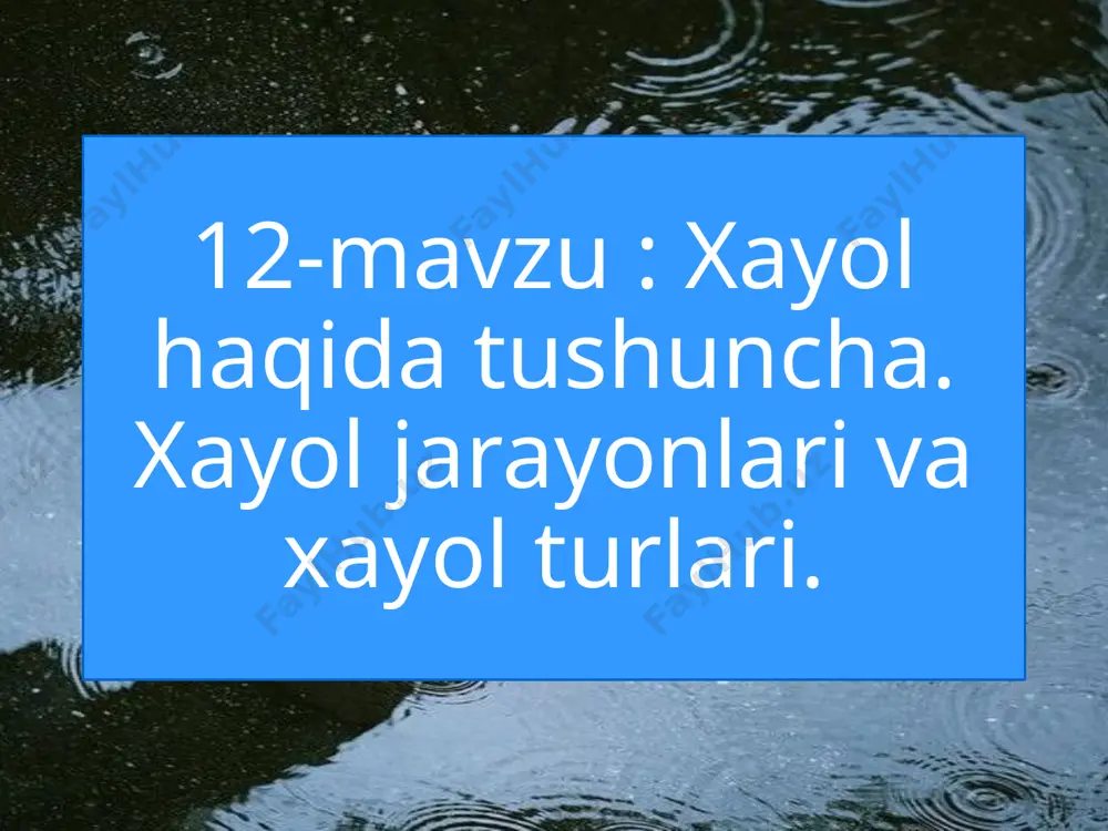 tirish - ayrim belgilarni ta'kidlash orqali obrazlar yaratish masalan: o’rtoqlik hazillari. aksentlashtirish badiiy adabiyotlarda juda ko’p qo’llaniladi. yuqoridagi xayol jarayonlari orqali yaratiladigan obrazlar analiz va sintez jarayonida ro’y beradi. chunki har bir narsani yoki hodisani avval analiz (tahlil) qilib ko’riladi, keyin ularni sintez (birlashtirish) qilish orqali yangi obrazlar hosil qilinadi. xayol jarayonida xayol tasavvurlarining xotira tasavvuridan farqi muhim ahamiyatga ega.  xayol tasavvurlari ongda paydo bo’ladi va barqaror bo’ladi.  xotira tasavvuridagi narsa doimo tanish narsadek his qilinadi. xayol tasavvurlari esa yangilikni his qilish tuyg’ularini beradi.  xayol tasavvurlari insonning qiziqish va ideallari bilan bog’liq bo’lgani sababli yangilikni his qilish tuyg’ulari oqibatida vujudga keladi. xayol turlari odatda biz tasavvur xayoli, ijodiy xayol, ixtiyoriy va ixtiyorsiz xayol deb xayolni bir necha turlarga ajratamiz. aynan xayol turlarini quyidagi tarzda ifodalash muhim sanaladi. _x0000_tasavvur xayoli deb o’tmishda bo’lib o’tgan yoki hozirda bor bo’lgan lekin bizning turmush tajribamizda shu paytgacha uchratmagan, ya'ni biz idrok …