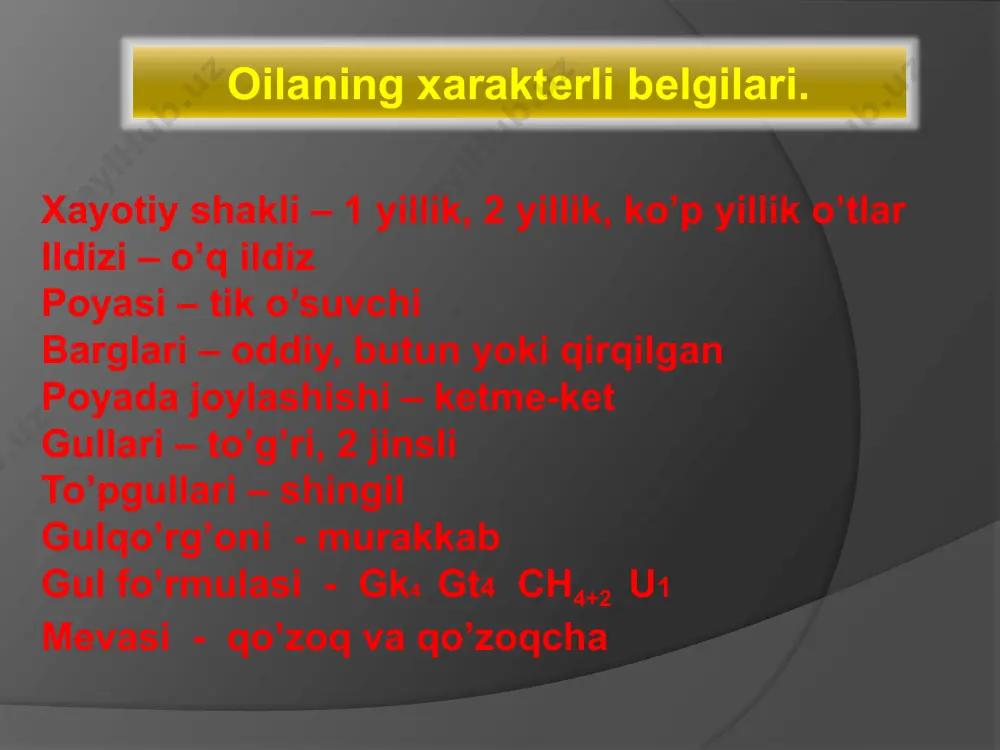 osil qiladi barglari – 1-yili uzun bandli yirik barg, 2-yili juda mayda gullari – mayda. gullash davri – may oyida gullaydi mevasi – yong’oqcha, sentabrda pishadi ismaloq o’zb dagi turi – 2 ta (rezavor va turkiston ismalog’i) rezavor o’simliklar qatorida ekiladi poya va barglari ovqatga ishlatiladi rezavor ismaloq 1 yillik 2-uyli begona o’t turkiston ismaloq saksovul yashash sharoiti – qumli cho’llar o’zb dagi turi – 2ta (oq va qora saksovul) xayotiy shakli – uncha katta bo’lmaga daraxt barglari - juda mayda o’sish va gullash davri – martning oxiri aprelning boshlari mevalash davri – sentabrning 2-yarmidan boshlab mevasi -5 qanotchali meva cho’l sharoitiga moslashgan belgisi – yozda barglarining deyarli yo’qolganligi va 1 yillik novdalarini to’kishidir axamyati – poyasi qimmatbaxo yoqilg’i, chorvo mollari uchun ozuqa, ko’chma qumlarni mustaxkamlashda foydalaniladi turlari teresken ebalak sag’an izen baliqko’z sho’rak quyonjun donasho’r izen cho’g’on keyreuk yovvoyi madaniylashtrilyotgan turlari cherkezning bargi va mevasidan olinadigan dori tibbiyotda qon …