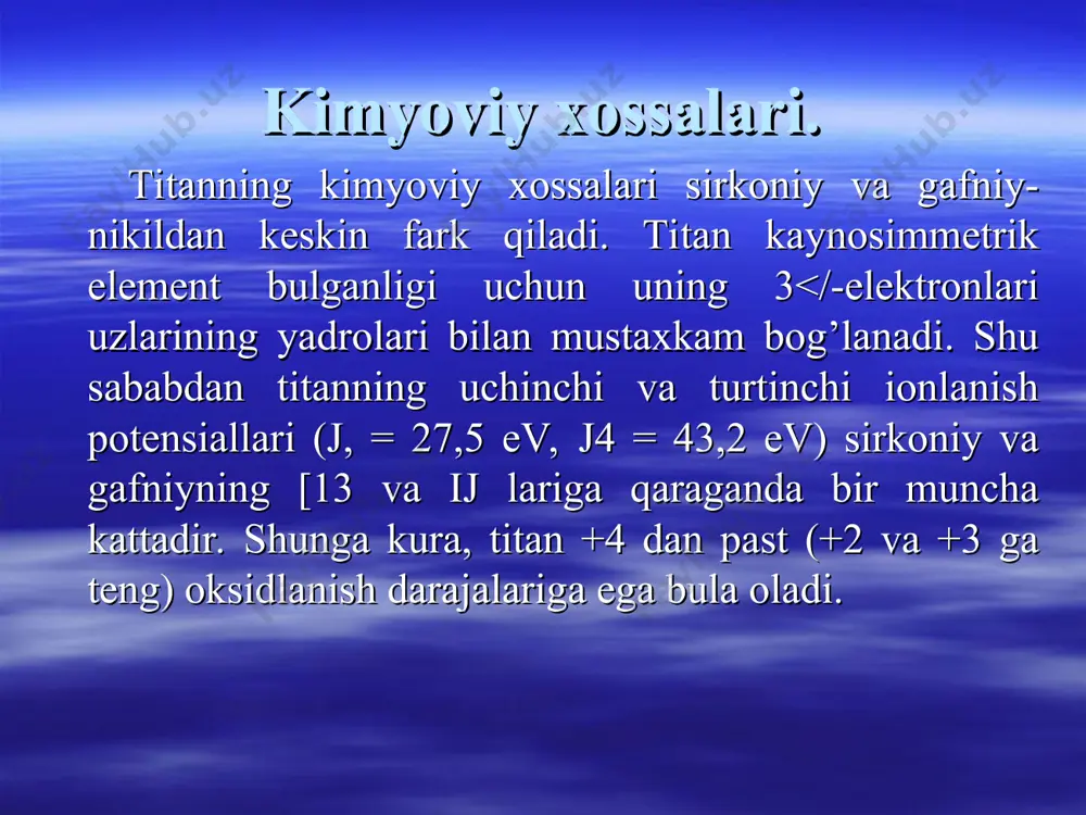 rga aylantiradi: 3zr + 4hn03 + 12ns1 -* 3zrcl„ + 4no + 8n20 konsentrlangan sulfat kislota titan bilan kizdi­rilganda ta’sirlashadi, bu vaktda titan sulfat kislota-ni s02 ga kadar kaytaradi: ti + 4h2s04 -> ti(s04)2 + 2s02 +4h20 suyultirilgan sulfat kislota titanga sovukda ta’sir etganda titan sirtida ximoya parda xrsil buladi, lekin bu aralashma kizdirilganda titan reaksiyaga kirishib, titan(sh) sulfat xamda vodorod xrsil kiladi. titan birikmalarining eritmalari vodorod peroksid ta’-siridan ravshan krvok rangga kiradi. yetarli darajada konsentrlangan ti(iv) eritmalariga n202 va ammiak ta’sir ettirib sarrish jigarrang peroksotitanat kislota n,tyu, ni chuktirish mumkin. sulfidlari. turt valentli titan, sirkoniy va gaf-[iy tuzlari eritmasiga vodorod sulfid ta’sir ettiril-anda tis2, zrs2, hfs2 tarkibli sulfidlar xrsil buladi. 'lar yukori temperaturalarda suyukdanadigan kattikjism-ardir. galogenidlari. titan, sirkoniy va gafniy uz galoge-[idlarida +2, +3 va +4 valentlikni namoyon kiladilar; ng barkaror galogenidlarda bu uch element turt valentli rlatda buladi. bu birikmalarni mex2, mex3, mex4 kuri-[ishda yozamiz (bu yerda x …