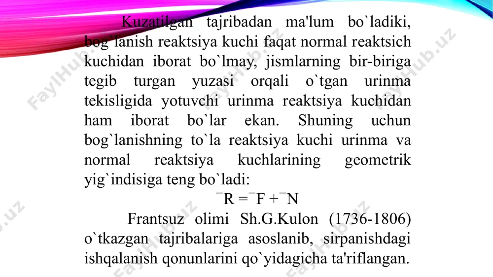 gi va boshqalar uchun bo'g'inlarini hisoblash; 2) chidamlilik uchun bo'g'inlarning harakatlanuvchi ulanishlarini hisoblash; 3) dvigatel quvvatini tanlash va boshqalar.mexanizmni loyihalashda kuch tahlili ikki bosqichda amalga oshiriladi. birinchi bosqichda kinematik juftliklardagi kuchlar kinematik juftlardagi kuchlarga bog'liq bo'lgan ishqalanish kuchlarini hisobga olmasdan, faqat texnik shartlarda ko'rsatilgan doimiy komponentlarni hisobga olgan holda aniqlanadi.bu manba matni haqida batafsilqoʻshimcha axborot olish uchun manba matnini kiriting. birinchi bosqich natijalaridan foydalanib, reaksiya kuchlariga qarab ishqalanish kuchlari va momentlari, ikkinchi bosqichda esa ularni hisobga olgan holda kinematik juftlikdagi haqiqiy reaksiyalar aniqlanadi.kinetostatik usuldan foydalanganda kinetostatik tenglamalar deb ataladigan muvozanat tenglamalariga nafaqat tashqi kuchlar va momentlar, kinematik juftlikdagi kuchlar, balki inersiya kuchlarining kuchlari va momentlari ham kiradi.kinetostatik aniqlanishi uchun planar mexanizm ortiqcha cheklovlarga ega bo'lmasligi kerak.mexanizmning kuchini hisoblash uning strukturaviy tarkibiga muvofiq amalga oshiriladi, ya'ni. hisoblash boshlang'ich bo'g'indan eng uzoq bo'lgan tizimli guruhdan boshlanadi va asosiy mexanizmni hisoblash bilan tugaydi.3.1 kinematik juftliklarda harakat qiluvchi kuchlarga qarab ishqalanish kuchlarini hisobga olmasdan …