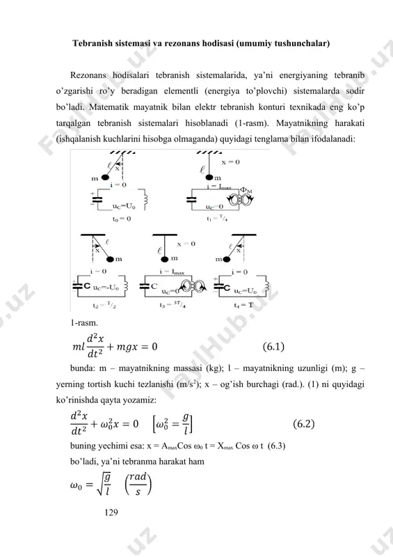 valgi holdagiga o’xshash chastota bilan sinusoidal qonun asosida o’zgaradi (2-rasm). ikkala sistema uchun ham t0=0, t2=t/2, t4=t va h.k. paytlarda sistemaning energiyasi potensial bo’lib, t1=t/4, t3=3t/4 va h.k. paytlarda ular kinetik shaklga o’tishi muhimdir. elektr konturida kondensatorning elektr maydoni energiyasi g’altakning magnitaviy maydoni energiyasi ga davriy ravishda aylanib turadi. ammo real tebranish sistemalarida (3-a rasm) tebranishning amplitudasi am o’zgarmay qolishiga qarshilik ko’rsatuvchi kuchlar doimo mavjud. bu esa ishqalanish kuchlari va tebranish konturining aktiv qarshiligi tufayli issiqlik isrofi bo’ladi demakdir. shular natijasida sistemada to’plangan energiyaning bir qismi sarf bo’ladi. bu esa tebranish amplitudasining har bir siklda monoton kamayib borishiga olib keladi, ya’ni tebranish so’nuvchi tebranish deyiladi. a) b) 3-rasm. yuqorida bayon qilingan tebranish sistemalarida tebranishlar qat’iy, aniq chastotada sodir bo’lib, bu chastota sistemaning faqat ichki parametrlaridan aniqlanib, tashqi energiya kiritgan boshlang’ich impulsning miqdoriga bog’liq emas. shuning uchun bunday tebranishlar erkin tebranishlar deb ataladi. tebranish sistemalaridagi erkin tebranishlarni o’zgarmas amplitudali qilib tutib …