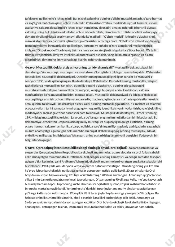 ri oxirlarida o’zbekistonda o’zlikni anglashga intilishning kuchayishi? xx asrning 80-yillari oxirlarida o'zbekistonda o'zlikni anglashga intilishning kuchayishini ko'rib chiqish uchun turli sohalarda rivojlanish va o'zgarishlarni ta'riflash kerak. shu davrda o'zbekiston o'z istiqlol va mustaqilligini qo'lga kiritgan davr edi . o'zbekiston, sovet ittifoqidan o'zbek xalqining mustaqillik va istiqlolini qo'lga kiritish uchun o'zaro birikkan harakatlar o'tkazgan. bu davrda o'zaro biriktirilgan jamiyat tashkil etish, milliy insoniyatni o'zlashtirish va o'zbekiston respublikasini mustaqillikka erishish uchun ko'p saylov amalga oshirilgan. sovet ittifoqi rahbari mihail gorbachov tomonidan boshlangan "glasnost" (ochiqlik) va "perestroyka" (qayta tashkil etish) siyosiy islohotlar o'zbekistonda ham o'zgarishlar kechirishni olib kelgan edi. bu siyosiy islohotlar natijasida, o'zbek xalqi o'z mustaqillik va o'zlik hukukini talab etishga boshladi. o'zbekiston respublikasida milliy identifikatsiyani kuchaytirish bo'yicha harakatlar amalga oshirilgan. bu, tarihiy, madaniy, til va boshqa milliy turlarni qo'llash, o'zbek xalqining o'zining o'zligini mustahkamlash uchun bo'lgan qadriyatni ko'rsatdi. o'zbekistonning mustaqil davrida o'zbek tilining va adabiyoti, madaniyati rivojlangan. o'zbekiston adabiyoti dunyoda o'zining …