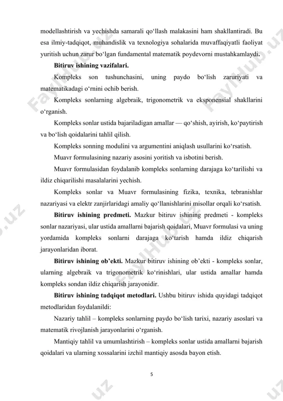 ishining nazariy ahamiyati kompleks sonlar va ular ustida amallar, shuningdek kompleks sondan ildiz chiqarish nazariyasini chuqur o‘rganish va umumlashtirishdan iborat bo‘lib, bu kelgusida matematik tahlil, algebra va boshqa bo‘limlarda ilmiy izlanishlar olib borishga asos yaratadi. amaliy ahamiyati esa kompleks sonlardan elektrotexnika, to‘lqin jarayonlari, mexanika, signal va tasvirlarni qayta ishlash kabi sohalarda foydalanish imkoniyatlarini ochib berish hamda bu bilimlarni amaliy masalalarni yechishda qo‘llash ko‘nikmalarini shakllantirishdir. bitiruv ishning tuzilishi va hajmi. bitiruv ishi kirish, ikkita bob, oltita paragrapf, xulosa va takliflar hamda foydalanilgan adabiyotlar ro‘yxatida iborat holda yoritib berilgan. bitiruv ishida 30 dan ortiq adabiyotlardan foydalanilgan. i bob. kompleks sonlar va ular ustida amallar 1.1. §. haqiqiy sonlar maydonini kеngaytirish masalasi biz nega kompleks sonlarni oʻrganamiz? tarixga bir nazar solaylik. dastlab, kompleks sonlardan foydalanish zarurati gʻoyasi kubik tenglamalarning yechimi natijasida paydo boʻlgan, bunda kardano ( djerolamo kardano 1501-yil 24-sentyabrida italiyaning paviya shahrida tugʻilgan, 1576-yil 21-sentyabrida rimda vafot etgan, italian matematigi) formulasida kvadrat …
