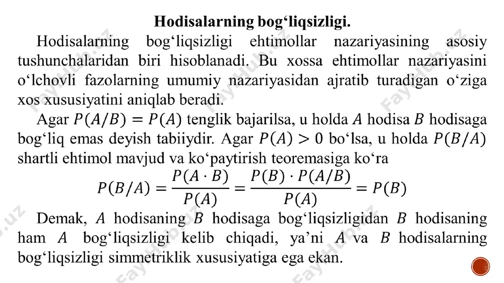 holda elementar hodisalar maydoni , va to‘plamlardan iborat bo‘ladi. agar elementar hodisalarning har biri 1/4 ehtimolga ega ekanligini hisobga olsak, u holda , , bo‘ladi. demak, va va hodisalar bog‘liqsiz. ta’rif. hodisalar berilgan bo‘lsin. agar ixtiyoriy ; sonlar uchun tengliklar o‘rinli bo‘lsa, u holda birgalikda bog‘liqsiz hodisalar deyiladi. ushbu ta’rifdan , birgalikda bog‘liqsiz hodisalar bo‘lsa, u holda ularning ixtiyoriy qism to‘plamidagi hodisalar ham birgalikda bog‘liqsiz ekanligi kelib chiqadi. ushbu misol hodisalaming birgalikda bog‘liqsizligi ularning juft-jufti bilan bog‘liqsizligiga nisbatan kuchliroq shart ekanligini ko‘rsatadi. 2-misol. tajriba simmetrik tangani 2 marta tashlashdan iborat bo‘lsin (1-misolga qarang). , va - tanga ikki marta tashlaganda ikki marta bir xil tomon tushish hodisasini belgilaymiz. agar barcha elementar hodisalar bir xil ehtimolga ega bo‘lsa, u holda , , ; , ammo , ya’ni , , hodisalar juft-jufti bilan bog‘liqsiz, lekin ular birgalikda bog‘liqsiz emas. ehtimollar nazariyasida ko‘pincha bog‘liqsiz hodisalar bilan birga hodisalar sinflarining bog‘liqsizligini ham qarashga to‘g‘ri …