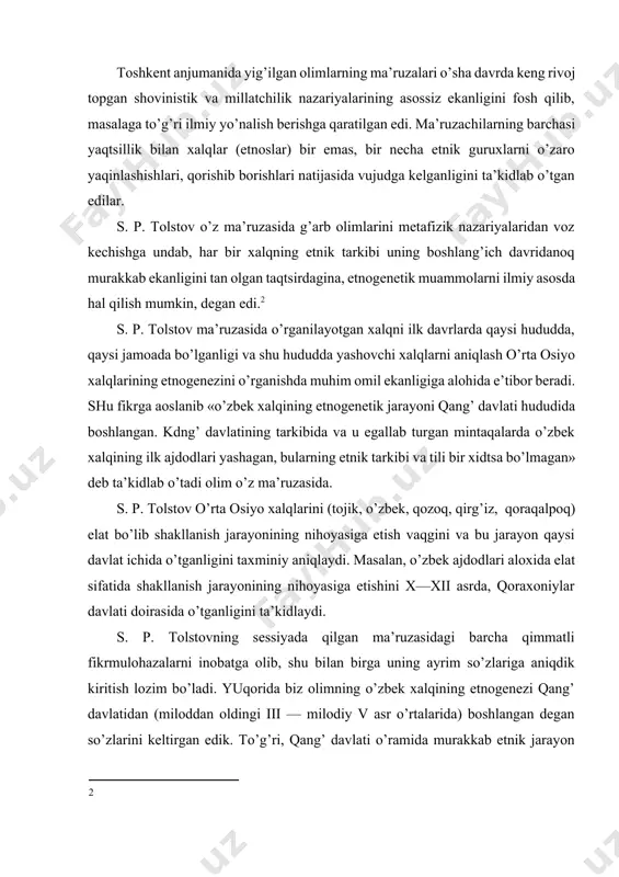 igini aniqlashga muyassar bo’lganligini qayd qiladi. bu antropologik tipga u o’rta osiyo ikki daryo oralig’idagi irqiy tip deb nom beradi. a. i. yarxo mazkur tipni pomir-farg’ona irqiy tip, deb atagan edi l. v. oshanin ma’ruzasida movarounnahrda til jihatidan turklashish bilan barobar (bir vaqgda) tip jihatidan mongollashish jarayoni ham rivojlanib borganligi va mongollashish o’zbeklarda tojiklarga nisbatan bir muncha kuchliroq ifodalanganligini qayd qilib o’tadi. l. v. oshaninning o’rta osiyo xalqlarining, jumladan, o’zbek xalqining etnogenezini antropologik materiallar asosida o’rganib, muxim ilmiy xulosalarga kelganligi uning yirik tadqiqotlarida mukammal yoritilgan. l. v. oshaninning va bir qancha boshqa antropolog olimlarning o’zbek xalqining etnogenezi masalasidagi fikr-mulohazalar haqida quyida fikr yuritiladi. o’zbek xalqining tarixini yozishga kirishilgan kezlari (xx asrning 40-yillari) uning etnik tarixiga, xususan, etnogeneziga oid qator masalalarda noaniqliklar va xato tushunchalar ham davom qilib kelar edi. yaratilayotgan o’zbek xalqining tarixi bu xatolardan xoli bo’lishi lozim edi. shuning uchun ham ayrim etuk olimlar (masalan, s. p. tolstov, a. …