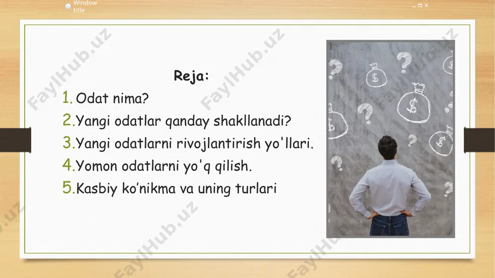 a bayon qilgan. shifokorning ishi jamiyat tomonidan nola qilinganidan keyin hamma joyda nazariya haqida gapirildi. 20 yildan so'ng londonlik psixologlar odat 21 kun ichida paydo bo'ladi degan da'voga shubha bilan qarashdi. ular 96 nafar ko‘ngilli ishtirok etgan tadqiqotini o‘tkazdilar. 12 hafta davom etdi. har biriga muayyan harakatlarni muntazam ravishda bajarish vazifasi berildi. tajriba tugagandan so'ng, barcha natijalarni tahlil qilib, ular odatning paydo bo'lish davri har bir kishi uchun har xil ekanligini aniqladilar. bu har bir shaxsning o'ziga xosligi bilan bog'liq. muayyan harakatni bajarishga odatlanish 18-254 kun ichida sodir bo'ladi. yana bir tadqiqot amerikalik olimlar tomonidan kosmonavtlar ustida olib borildi. tajribada 20 kishi ishtirok etdi. ularning har biriga 30 kun davomida echmasligi kerak bo'lgan ko'zoynaklar berildi. bu ko'zoynaklar maxsus edi. buning siri linzalarda edi. ularni kiyib, dunyo ostin-ustun bo'ldi (so'zning to'g'ri ma'nosida), ya'ni kosmonavtlar teskari tasvirni ko'rdilar. olimlar tajriba ishtirokchilarining har birining miyasi 21 kundan keyin moslashganini payqashdi. agar ko'zoynak 10 …