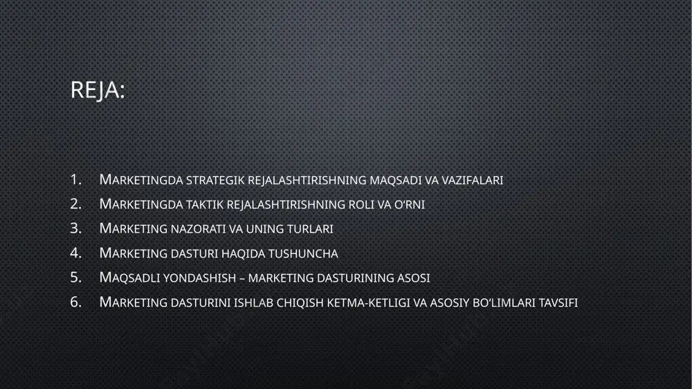 o uchun zarur jihozlar, asbob-uskunalar bilan ta'minlanish rejasi, bozorning hozirgi holatiga baho berish, korxona imkoniyatlari va xavf-xatarlari ifodalanadi. marketingni rejalashtirish jarayonining tuzilishi 3. marketing nazorati va uning turlari marketing nazoratining maqsadlari quyidagilardan iborat: maqsadga erishish darajasini belgilash, yaxshilanish imkoniyatini aniqlash, korxona moslashuvchanligini talab qilingan atrof-muhit oʻzgarishlariga qanchalik mos kelishini aniqlash va hokazolar. marketing nazoratining uch turi mavjud: yillik rejani bajarilishini nazorat qilish; foydalilikni nazorat qilish; strategik nazorat. marketing nazoratining asosiy vazifalari marketingni nazorat qilish jarayoni 5 ta asosiy bosqichni oʻz ichiga oladi: 1. nazorat qilishga moʻljallangan reja koʻrsatkichlarini asoslash; 2. faoliyatning haqiqiy koʻrsatkichlari natijalarini oʻlchash; 3. faoliyatni reja va haqiqiy koʻrsatkichlari natijalarini solishtirish 4. reja koʻrsatkichlaridan haqiqiy koʻrsatkich farqi tahlili 5. yangi rejalar ishlab chiqish, korrektirovkalash. 4. marketing dasturi haqida tushuncha marketing dasturi (biznes reja) tor ma'noda korxonaning bozorda aniq faoliyat koʻrsatish tamoyilini ifodalaydi. marketing dasturi keng ma'noda esa korxona imkoniyatlarini bozor talablariga moslashtirishga yoʻnaltirilgan tahlil, rejalashtirish va nazorat qilish …