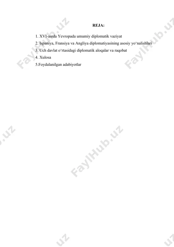 ng asosiy maqsadi — italiya yarim orolida ta’sirini kuchaytirish va ispaniya bilan bo‘lgan raqobatda ustunlikka erishish edi. fransiya o‘zining kuchli diplomatik strategiyasi bilan italiya urushlarida, avstriya va germaniya kabi davlatlar bilan ittifoqlar tuzishda muhim rol o‘ynadi. fransiya, shuningdek, angliya bilan doimiy diplomatik ziddiyatlarga kirib, o‘zining mustaqil siyosatini davom ettirdi. yaxlit davlatlar shakllanishi bilan siyosatning shakli ham o‘zgarib boraveradi. siyosatda o‘lchovni belgilab beruvchi mezon sifatida «umumiy farog‘at» darajasiga ko‘tarilgan «davlat manfaatlari» hisoblanadigan bo‘ldi. mutlaq monarxiyalarning paydo bo‘lishi bilan birinchi o‘ringa o‘rta va mayda mamlakatlar qo‘shilgan yirik davlatlar (angliya, frantsiya, ispaniya, portugaliya, daniya, shvetsiya) o‘rtasidagi ziddiyatlar ko‘tarildi. xvi asr, yangi davlatning tashqi ishlariga xizmat qiladigan markaziy va mahalliy idoralarning diplomatik xizmatining shakllanish davriga aylandi. o‘sha davrda sirlarning siri bo‘lgan diplomatiya bu ishlardan xabari bor tang doiradagi odamlar xizmatida edi. siyosat ixtiro qilinadigan markaz bu qirol saroyi edi. mutlaq monarxiyada nafaqat sulolalar va qirol shaxsiyati manfaatlari balki, qirolga ta’sir ko‘rsatishga erishgan uning arzandalari, …