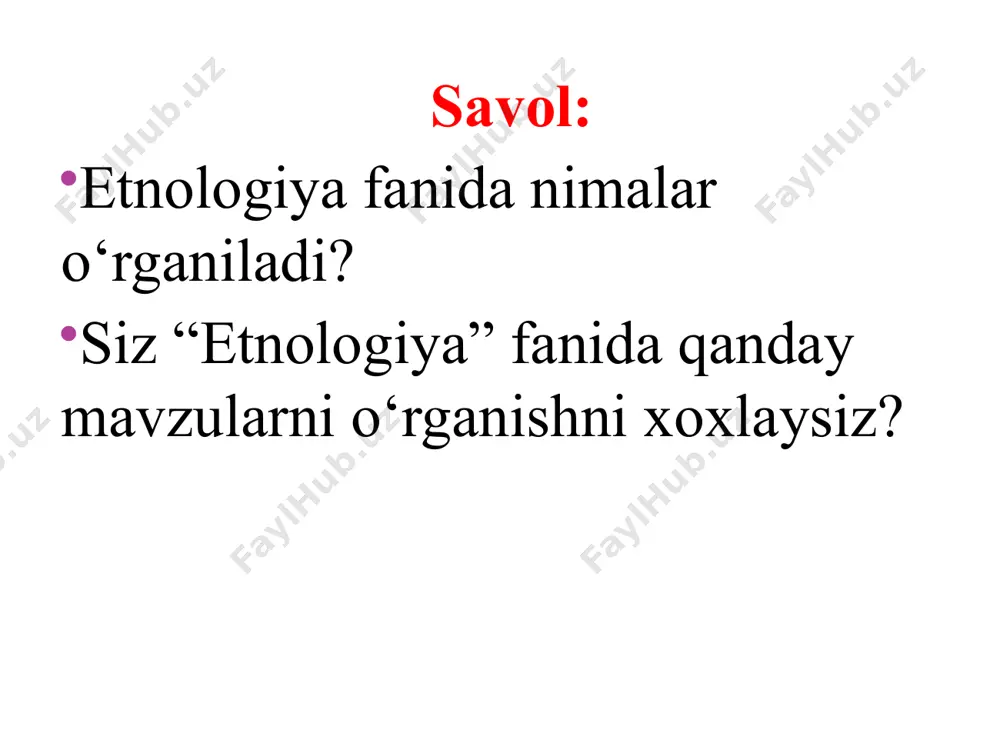 рўйхатлари маълумотларидир. яна архив маълумотларидан фойдаланиш, этносларнинг хўжалиги, моддий ва маънавий маданиятларини ўрганишда муҳимдир. statistik usul etnologiyani mustaqil fan sifatida shakllanishi dala tadqiqotlari natijasida rо‘y bergan. bu uslubni shakllanishi metropoliyalarning mustamlakachilik ehtiyojlari tufayli paydo bо‘lib, istilo qilingan mamlakatlar aholisini ilmiy asoslangan boshqaruvi bilan izohlangan. usul tadqiqotchini etnik muhitga uzoq muddatga joylashuvi va tadqiqotlar olib borishiga asoslangan. misol tariqasida l.g.morgan, n.n.mikluxo-maklay, m.mid va boshqa olimlar faoliyatini kо‘rsatish mumkin. dala tadqiqotlari etnologiyada asosiy tushuncha va atamalar etnos – bu spetsifik madaniy model, ijtimoiy birlikdir. u insonning dunyodagi faolligini ta’minlaydi. an’ana – etnik tajriba (urf-odatlar, udumlar axloq tarzidagi) ni bir avloddan keyingisiga qoldirish, о‘tkazish usuli. etnik stereotip – ma’lum etnik guruh yoki jamoaning, soddalashtirilgan, emotsional bо‘lgan, ayni paytda muvaqqat muqim qiyofasi ifodasi. etnik temperament (mijoz) – etnoslarni tarixan shakllangan va ularni о‘zaro farqlaydigan milliy xarakterining namoyon bо‘lishi. фойдаланилган адабиётлар рўйхати: 1. salimov t.u. jahon xalqlari etnologiyasi. o`quv qo`llanma. fan nashriyoti. 2018. 315 b. …