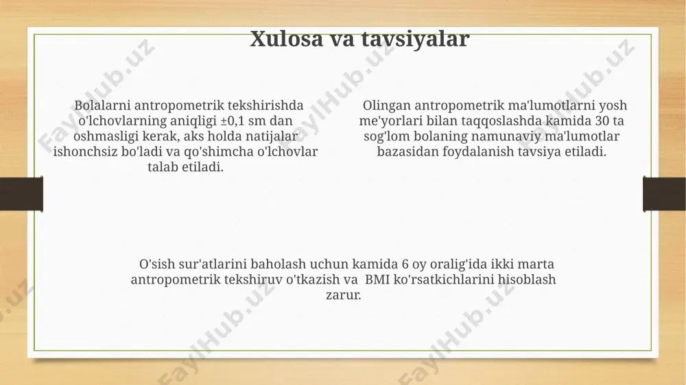 yoshga bog'liq me'yorlar mavjud. noto‘g‘ri o‘lchov natijalari tmi̇ning aniq bo‘lmagan qiymatini beradi. shuning uchun aniqlikni ta'minlash uchun o'lchovlarni kamida 2 marta takrorlash va o'rtacha qiymatni hisoblash tavsiya etiladi. xatolik chegarasi ±0,1 kg va ±0,5 sm bo'lishi mumkin. antropometrik ko'rsatkichlarning yosh me'yorlari yoshga oid antropometrik ko'rsatkichlarning me'yorlari, masalan, bo'yi va vazni, jinsiga bog'liq holda farq qiladi; o'g'il bolalarda 6 yoshda o'rtacha bo'yi 115 sm, qizlarda esa 112 sm ni tashkil etadi. bolaning yoshiga mos ravishda bosh atrofi ham o'zgaradi; yangi tug'ilgan chaqaloqlarda o'rtacha 34-35 sm, 1 yoshda esa 46-48 sm ga yetadi, bu ko'rsatkichlar sog'lom rivojlanishning muhim belgilaridan hisoblanadi. tananing uzunligi va vazni bilan bir qatorda, terining qalinligi va teri burmalari kabi antropometrik ko'rsatkichlar ham yoshga bog'liq holda o'zgaradi, masalan, 2 yoshli bolalarda teri burmalari qalinligi o'rtacha 8-10 mm ni tashkil qiladi. bolalar antropometrik tekshiruvi usullari tana vaznini aniqlash uchun tarozilar qo'llaniladi, 100 gramm aniqlik bilan o'lchanadi va yoshga, jinsga va …