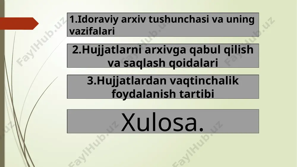 qlanadigan hujjatlar keyinchalik davlat arxiviga topshiriladi, vaqtinchalari esa belgilangan muddatdan so‘ng yo‘q qilinadi (akt asosida). 3.hujjatlardan vaqtinchalik foydalanish tartibi idoraviy arxivda saqlanayotgan hujjatlar tashkilot faoliyatida zarurat tug‘ilganda vaqtinchalik foydalanish uchun olinishi mumkin. bu jarayon muayyan tartib va qoidalar asosida amalga oshiriladi. asosiy maqsad – hujjatlarning xavfsizligini ta’minlagan holda, ulardan samarali foydalanish imkonini yaratishdir. vaqtinchalik foydalanishning asosiy shartlari: hujjatlardan foydalanish faqat rasmiy ehtiyoj asosida, ya’ni xizmat vazifasini bajarish uchun amalga oshiriladi. foydalanuvchi shaxs arxiv bo‘limiga yozma talabnoma (zapros) bilan murojaat qiladi. unda hujjatning nomi, arxiv raqami, foydalanish sababi va kerakli muddat aniq ko‘rsatiladi. har bir hujjat vaqtinchalik berilganida, arxivda maxsus qayd daftariga yoziladi va foydalanuvchi tomonidan imzo qo‘yiladi. foydalanish muddati va nazorat: hujjatlar belgilangan muddatga beriladi, bu muddat tugagach, foydalanuvchi ularni arxivga qaytarishi shart. qaytarilgan hujjatlar arxiv xodimi tomonidan tekshiriladi – butunligi, tozaligi, soni va holati nazorat qilinadi. agar hujjatga zarar yetkazilgan bo‘lsa, foydalanuvchi moddiy javobgarlikka tortilishi mumkin. maxfiy va muhim …