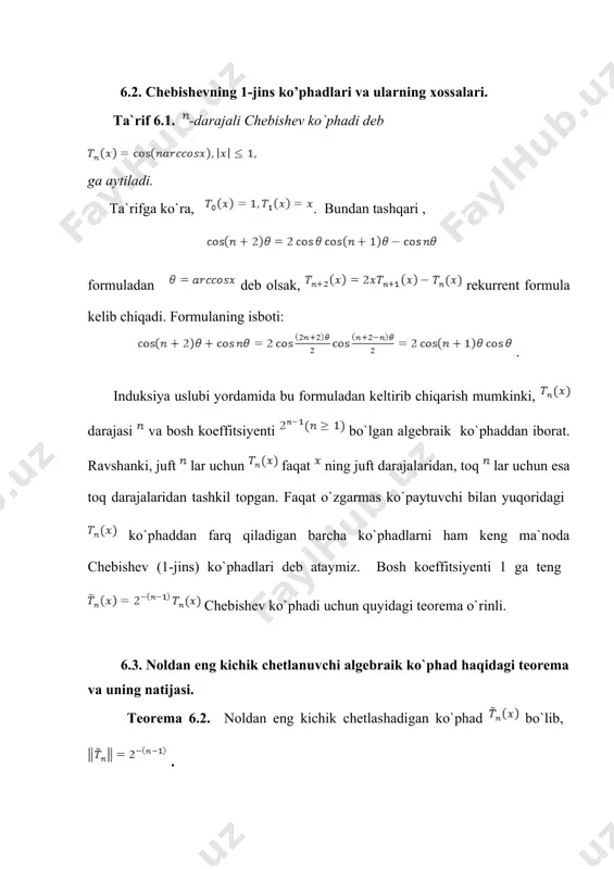 n juft ko`phad bo`lib, . shunday qilib, ko`phad funksiyani oraliqda ga nisbatan taxminan 50 marta yaxshiroq yaqinlashtiradi. yangi mavzuni mustahkamlash (10 minut): talabalar bilan mavzu yuzasidan savol-javob o’tkazish, oson yechiladigan misollar so’rash, tushunilmagan tasdiq, teorema va formulalarni qayta izohlash va misollar asosida tushuntirish. uy vazifasini berish va baholash (5 minut): mavzuni o’qish va konspekt qilish, tayanch iboralarni yodlash hamda ma’nosini tushunish, muammoli topshiriqlarga mustaqil javob berishni tayinlash. dars davomida faol qatnashgan talabalarni ta’kidlash va yanada faolroq bo’lishga chorlash. qo’yilgan ballarni e’lon qilish. 1. adabiyotlar 2. г.е. шилов . математический анализ. конечномерые линейные пространства . м. из-во, “ наука” , 1969. 432 стр. 3. в.к.дзядык. введение в теорию равномерного приближения функций полиномами. м. из-во, “наука “ , 1977. 512 стр. 4. н.и.ахиезер. лекции по теории аппроксимации. м., 1965. 408 бет. 5. н.п.корнейчук. о наилучшем приближении непрерывных функций. – “изв. ан ссср сер.мат”, 1963. т.27, №1, с.29-44. 6. н.п.корнейчук. точная константа в …