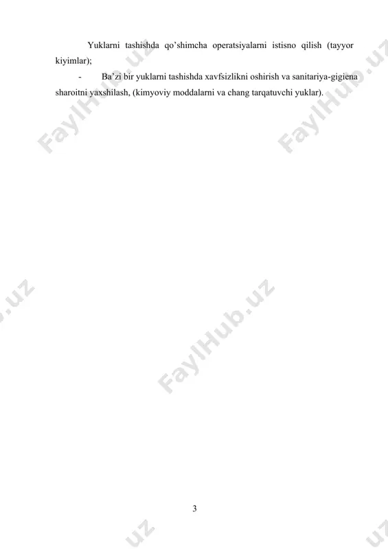 lgi 20% ga kam; 5. idish (tara) koeffitsienti (o’z og’irligining yuk ko’tarishiga nisbati) va harakatlanuvchi qo’shilmaning narhi kam; 6. tashish masofasiga bog’liq ravishda tashish tannarxi 20 – 30 % ga kamayadi. o’z vazifasiga ko’ra yuk tashuvchi avtopoezdlar universal, ixtisoslash-tirilgan va maxsus avtopoezdlarga bo’linadi. universal avtopoezdlar har xil yuklarni tashishga mo’lljallangan (bort platformali avtopoezdlar va universal furgonlar); foydalaniladigan adabiyotlar: 1. m.n. muminova, m.a. maksumova «kasbiy etika va etiket», uslubiy qo’llanma, t.,2006. 2. i. a. karimov «istiqlol va ma’naviyat» t.,1994. 3. i. a. karimov «o’zbekiston buyuk kelajak sari» t.,1998. 4. n. e. muhammadiyev «kasb etikasi va estetik madaniyati»- toshkent,1998 y. 5. m. abdullayev, e. xakimov «vvedeniye v etiku»-namangan, 1998. 6. abdulla sher «axloqshunoslik» ma’ruzalar matni, toshkent, 2000 7. v.g. fedsov «kultura servisa» uchebno-prakticheskoye posobiye - m., «prior», 2001. 8. a.a. avloniy «turkiy guliston yohud ahloq», t. 1992. 9. y. y. petrunin, v.k. borisov «etika biznesa» m., «delo»,2000. 10. s. s. gulomov «tadbirkorlik …