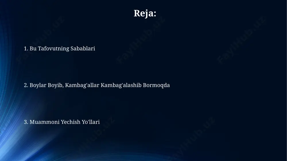 ng ko‘plab rivojlanayotgan mamlakatlarida, jumladan, o‘zbekistonda ham, kapitalning taqsimlanishidagi tengsizlik yanada kuchayib, gini koeffitsiyenti 0,4 dan yuqori ko‘tarildi. oxirgi 10 yil ichida, aqshda boylikning 1% ga tegishli ulushi 40% dan oshgan bo‘lsa, qolgan 99%ning boyligi esa nisbatan sekin o‘sgan yoki hatto kamaygan. soliq siyosati va uning ta’siri o'zbekistonda 2022-yilda joriy etilgan yangi soliq kodeksi kichik va o'rta biznes sub’ektlariga nisbatan soliq yukini kamaytirishga qaratilgan bo'lsa-da, uning samaradorligi hali ham bahs mavzusi hisoblanadi. jahon bankining 2023-yilgi hisobotiga ko'ra, progressiv soliq tizimini joriy etgan rivojlanayotgan mamlakatlarda (masalan, braziliya) kambag'al aholi daromadlari o'rtacha 5% ga oshgan. iqtisodiy imkoniyatlarning tengsizligi toshkent shahrida yuqori malakali mutaxassislarning o'rtacha oylik maoshi viloyatlarga nisbatan 3-4 baravar yuqori bo'lib, bu geografik jihatdan iqtisodiy imkoniyatlar tengsizligini namoyish etadi. jahon bankining hisobotlariga ko'ra, qashshoqlik chegarasida yashovchi aholi soni markaziy osiyo mamlakatlarida, shu jumladan o'zbekistonda, so'nggi 10 yil ichida sezilarli darajada o'zgarmagan. ishsizlik va kambag‘allik 2023 yilgi hisobotlarga asosan, andijon viloyatida qishloq …