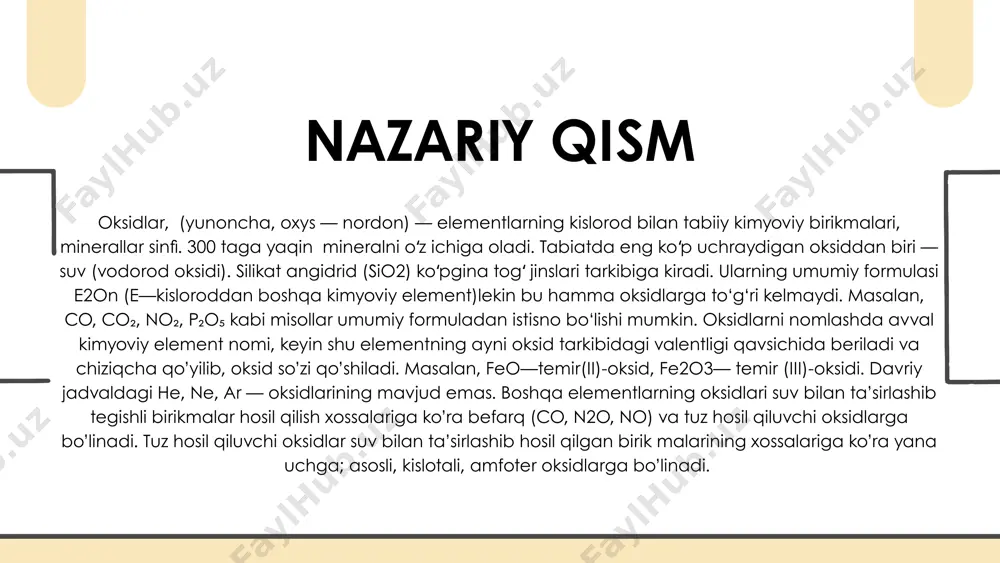 bilan olinadi: 2cus+3o2→ 2cuo+2so2; 2mns+3o2→ 2mno+2so2; asosli oksidlar kimyoviy xossasi 1.asosli oksidlar suv ta’sirida tegishli asos (ishqor)larni hosil qiladilar: na2o+h2o → 2naoh; mgo+h2o → mg(oh)2; cao+h2o → ca(oh)2; cao+sio2 → casio3 ; cao+p2o5→ ca3(po4)2; feo+sio2→ fesio3 ; na2o+co2 → na2co3; k2o+so2 → k2so3 ; 2.kislotalar bilan ta’sirlashib tuz va suv hosil qiladilar: feo+2hcl → fecl2+h2o; mgo+h 2so4 → mgso4+h2o; cao+2ch3cooh → ca(ch3coo)2+h2o; cuo+2hno3 → cu(no3)2+h2o; asosli oksidlarning barchasi qattiq moddalar bo’lib, kristall va amorftuzilishga, o’ziga xos rangga ega: feo (qoramtir) ag2o, cuo — qora, cao, na2o, k2o, mgo, mno — oq rangli, coo — ko’kimtir yashil, nio —yashil. ishqoriy metallamirig oksidlari suvda yaxshi eriydi, ishqoriy-yer metallari oksidlari qisman, boshqa asosli oksidlarsuvda yomon eriydigan moddalar. yuqori temperaturalarda suyuqlanuvchan, elektr tokini o’tkazmaydigan birikmalardir. kislotali oksidlar. suv bilan ta’sirlashib kislotalami hosil qiluvchi oksidlarga kislotali oksidlar deyiladi.ular qatoriga:co2, so2, n2o5 ,p 2o5, so3, cl2o7 oksidlari va mn2о7, mno3, cro3, v2o5, moo3, wo3 kabi metallarning …