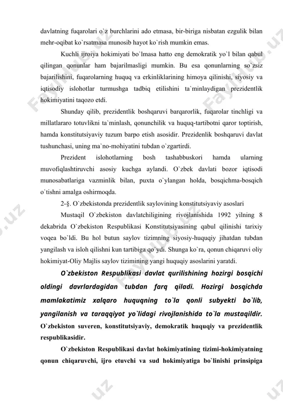 ichda mamlakatimiz xalqaro huquqning to`la qonli subyekti bo`lib, yangilanish va taraqqiyot yo`lidagi rivojlanishida to`la mustaqildir. o`zbekiston suveren, konstitutsiyaviy, demokratik huquqiy va prezidentlik respublikasidir. o`zbekiston respublikasi davlat hokimiyatining tizimi-hokimiyatning qonun chiqaruvchi, ijro etuvchi va sud hokimiyatiga bo`linishi prinsipiga asoslanadi, shu bilan birga ularning o`zaro munosabatlari davlat hokimiyatining yagona manbai sifatida xalqning oliy maqsadlariga xizmat qiladi. «saylov» tushunchasi biron bir organni (davlat, jamoat, xalqaro va hakozolar) ovoz berish yo`li bilan shakllantirish demakdir. binobarin, saylov uchun bir necha obyektlar bo`lishi mumkin. unda saylov muqobillik tarzida amalga oshiriladi. muqobilliksiz saylovlarda hech bo`lmaganda, undan voz kechish uchun kafolat berishga imkoniyat yaratish lozim. o`zbekiston markaziy osiyo uchun 1992 yil 29 dekabrida muqobil saylovlar yo`li bilan o`zbekiston respublikasi prezidenti saylashda bebaho tajribaga egadir. «saylov huquqi» tushunchasi va iborasi ikki ma`noda ishlatiladi. birinchisi, bu-saylov huquqi saylab qo`yiladigan davlat organlarini shakllantirishni tartibga soluvchi huquqiy me`yorlar tizimidir. saylov huquqining manbalari konstitutsiya, prezident, oliy majlis va mahalliy vakillik organlariga saylovlar haqidagi …