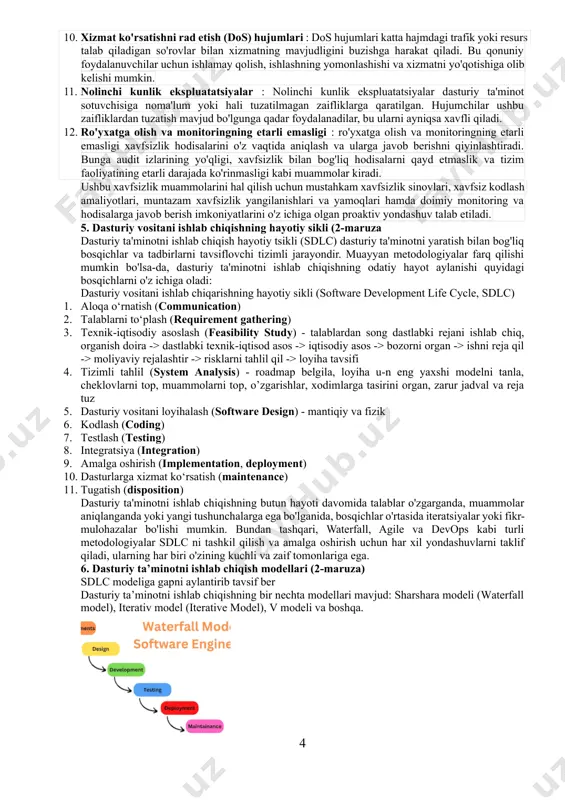 avfini kamaytirish uchun xavfsiz kodlash amaliyotiga rioya qilishlari kerak. bunga kirishni tekshirish, xatolarni to'g'ri boshqarish, xavfsiz xotirani boshqarish va qattiq kodlangan hisobga olish ma'lumotlaridan qochish kabi amaliyotlar kiradi. xavfsiz autentifikatsiya va avtorizatsiya : foydalanuvchilarning identifikatorlarini tekshirish va ularga tegishli kirish imtiyozlariga ega bo'lishini ta'minlash uchun ishonchli autentifikatsiya mexanizmlarini joriy qiling. parollar va maxfiy ma'lumotlar uchun kuchli shifrlashdan foydalaning va iloji bo'lsa, ko'p faktorli autentifikatsiyadan foydalaning. ma'lumotlarni shifrlash : maxfiy ma'lumotlarni dam olishda ham, o'tish paytida ham shifrlash orqali himoya qiling. kuchli shifrlash algoritmlaridan foydalaning va shifrlash kalitlari xavfsiz boshqarilishini ta'minlang. xavfsiz konfiguratsiya : xavfsizlik ko'rsatmalaridagi eng yaxshi amaliyotlar va tavsiyalarga amal qilgan holda dasturiy ta'minot komponentlarini xavfsiz tarzda sozlang. bu hujumni minimallashtirish uchun serverlar, ma'lumotlar bazalari va boshqa infratuzilma komponentlarini to'g'ri sozlashni o'z ichiga oladi. kirishni tekshirish va tozalash : sql in'ektsiyasi, saytlararo skript (xss) va buyruqlar kiritish kabi in'ektsiya hujumlarining oldini olish uchun barcha foydalanuvchi ma'lumotlarini tekshiring va tozalang. …