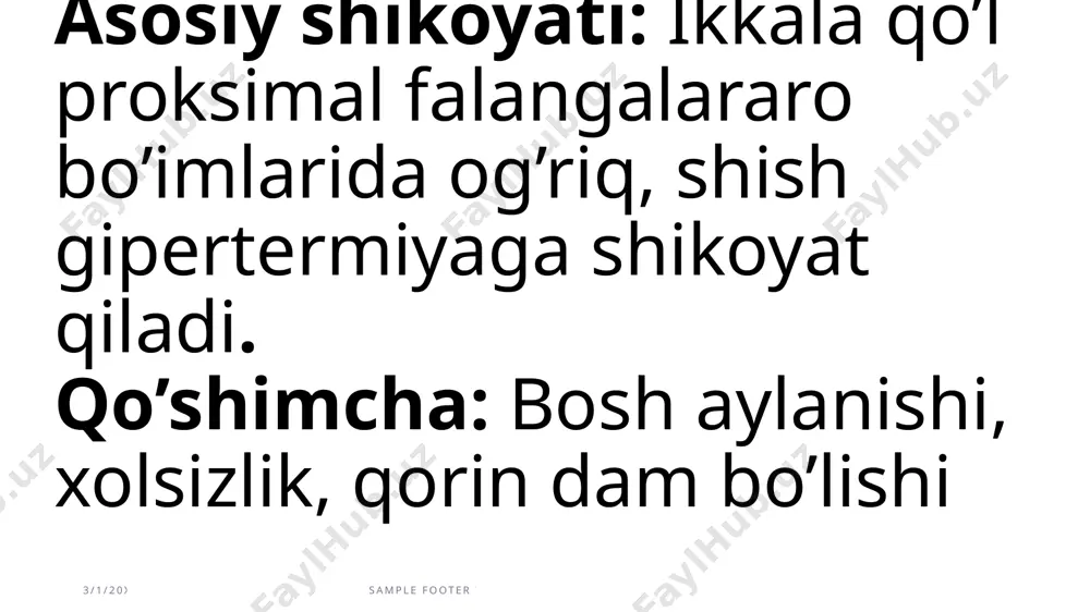 3/1/20xx sample footer text 7 taxminiy diagnoz : gipertoniya kasalligi i bosqich ag i daraja xavf ii raqobatdosh : revmatoid artrit. poliartrit tekshiruv rejasi : *umumiy siydik tahlili * koagulogramma * bioximik analiz revmatoid faktor 3/1/20xx sample footer text 8 3/1/20xx sample footer text 9 bazis davo : tab. leflunamid 10 mg * immun faolligini pasaytirish maqsadida: sol. dwxametazonu 2.0 + sol. nacl 0.9% 100.0 v/i * uyqisizlik holatini bartaraf etish uchun: tab. glitcini 0.1 x 2 mahal 3/1/20xx sample footer text 10 10/6/23 click to edit master text styles second level third level fourth level fifth level ‹#› 10/6/23 ‹#› образец заголовка образец текста образец заголовка образец текста вставка рисунка вставка рисунка вставка рисунка вставка рисунка 3/1/20xx sample footer text ‹#› образец заголовка образец текста 3/1/20xx вставка рисунка вставка рисунка вставка рисунка sample footer text ‹#› образец заголовка вставка рисунка вставка рисунка образец текста образец заголовка образец текста второй …