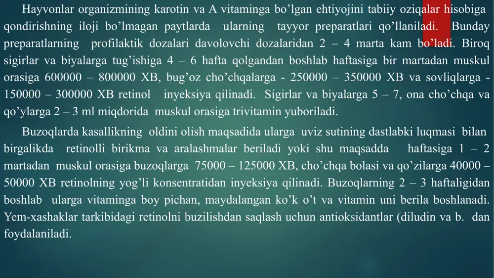vitaminning funksional ta’siri organizmdagi selen, a - vitamin va oltingugurt saqlovchi aminokislotalar miqdorlariga bog’liq. ye – vitamin yetishmaganda yog’larning oksidlanishi buziladi, organizmda peroksidlarning to’planib qolishi, jigarda yog’li distrofiya rivojlanishi va gepatositlar nekrozi kuzatiladi. erkak hayvonlarda urug’donlar distrofiyasi, spermiogenezning susayishi va jinsiy instinktning yo’qolishi qayd etiladi. urg’ochi hayvonlarda follikulalar yetilishining kechikishi, yo’ldosh qon tomirlarining shikastlanishi, homilada oziqlanishning buzilishi kuzatiladi. tana muskullari distrofiyaga uchraydi va ularning harakat funksiyalari buziladi (miopatiya . shuningdek, yurak mushaklari-ning shikastlanishi (miokardiodistrofiya va yurak qon – tomir yetishmovchiliklari qayd etiladi. parrandalarda qon tomirlar devorining o’tkazuvchanligi ortadi, teri osti shishlari va gemorragiyalari kuzatiladi. belgilari. yosh hayvonlarda muskullar tonusining pasayishi (miopatiya , harakatlanishning qiyinlashishi va natijada qo’p yotish belgilarining qayd etilishi kuzatiladi. son orqa sohasi muskullari hajmining kichiklashishi, tasodifan oqsash va qiynalib harakatlanish holatlari kuzatiladi. bir vaqtning o’zida ham ye- vitamini ham selen moddasining yetishmovchiligi qayd etilgan paytlarda yosh hayvonlarda oq mushak kasalligi rivojlanadi. yurak muskullarining shikastlanishi taxikardiya, yurak tonlarining …