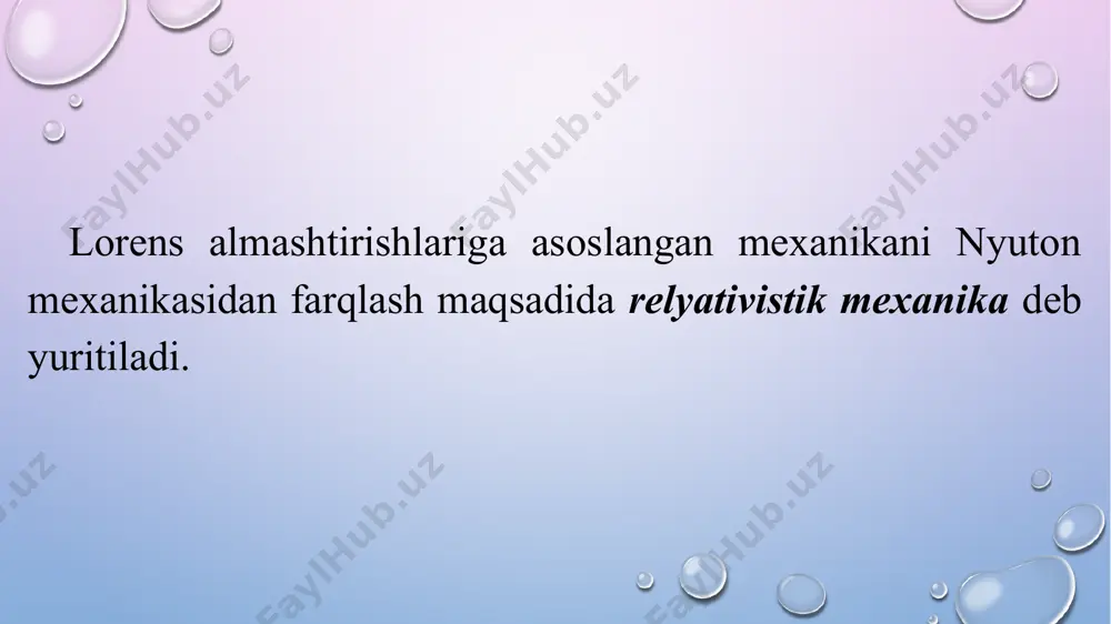 tinch holatdagi jism energiyasini, m02/2 - harakatlanayotgan jismning kinetik energiyasini ifodalaydi ifodadagi kattalikni tinch holatdagi jism energiyasi deb ataladi. klassik mexanikada tinch holatdagi jism energiyasi w0hisobga olinmaydi, chunki =0 da tinch holatdagi jism energiyasi nolga teng bo‘ladi. relyativistik kinetik energiya uchun quyidagi ifodani yozamiz mc2 ni w bilan belgilab quyidagi shaklni yozamiz: . bu tenglama enshteyn kashf etgan energiya va massaning o‘zaro bog‘lanish qonunini ifodalaydi va jismning ixtiyoriy holatdagi to‘liq relyativistik energiyasi deb yuritiladi. tenglama o‘z navbatida jism massasining o‘zgarishi uning energiyasini o‘zgarishi bilan birgalikda yuz berishini ko‘rsatadi. endi energiya bilan impuls orasidagi bog‘lanishni aniqlaylik. buning uchun relyativistik massa ifodasi kvadratga ko‘tarib, quyidagicha o‘zgartirib yozamiz: yoki bu ifodaning ikki tomonini s2 ga ko‘paytirib hosil bo‘ladi. bu munosabat to‘liq energiya va impuls orasidagi bog‘lanishni ifodalaydi. dan kelib chiqadigan xulosalardan biri shundan iboratki, tinch holatda massaga ega bo‘lmaydigan neytrino va foton kabi zarrachalar ham relyativistik energiyaga ega bo‘lishlari mumkin ekan. m0=0 bo‘lsa …