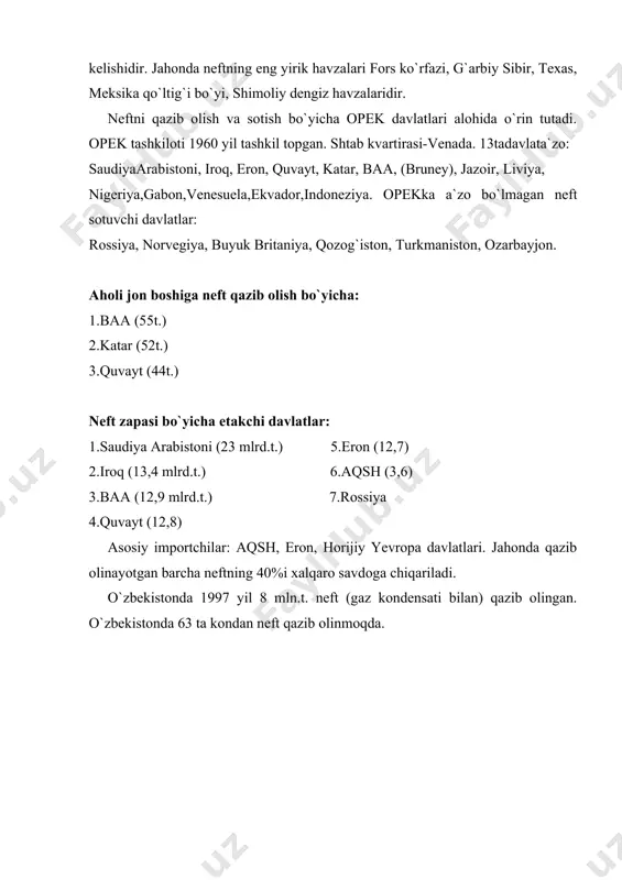 uzbass, yuqori sileziya, rur, fushun, kansk-ochinsk, vitvatersrand, ekibastuz, qarag`anda, damadar. ko`mirning asosiy eksportchilari: aqsh, avstraliya, jar. importchilari: yuponiya, horijiy yevropa davlatlari. ko`mir sanoatining asosiy xususiyati ko`mir qazib olish va undan foydalanishning asosiy qismi iqtisodiy rivojlangan davlatlarda to`planganligi.ko`mir qaysi mamlakatda qazib olinsa, o`sha joyda iste`mol qilinadi. ko`mirning 1/10 qismi jahon bozoriga chiqariladi. elektr energetika sanoati. fti davrida elektronlashtirish va kompleks avtomatlashtirish yuqori sur`at bilan o`smoqda. jahonda hosil qilinayotgan elektr energiyasini 63 % ini ies (tes)lar beradi. odatda ieslar ko`mir havzalari yoki yoqilg`i manbalariga yaqin joylashtiriladi. ieslarni elektr energiyasidan tashqari issiqlik ham beruvchilarini iem (tets) lar deyiladi. iem lar issiq suv ham beradi, lekin 20 km.dan uzoqqa yuborib bo`lmaydi. iemlar yirik sanoat markazi va shaharlarda barpo qilinadi. jahonda geslar ishlab chiqarilayotgan elektr energiyasining 20%ga yaqinini beradi. lekin ularning salmog`i asta pasayib bormoqda. kaskadli geslar(chirchiq-bo`zsuv, tinnesi, sevan) energetika rayonlarini vujudga keltiradi. eng yirik geslar: itayku (braziliya 12,5mln.kvt. soat ), shushensk, norak, rogun, chorvoq. …