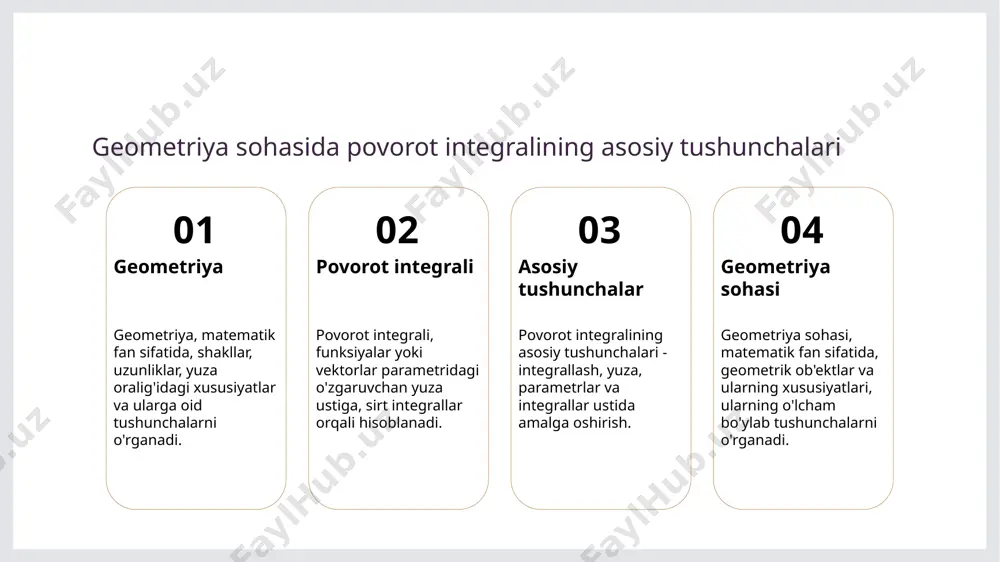 ydonlarda integrallarni hisoblash, geometriyaviy muammolarni echishda yordam beradi. xulosa 01 asosiy konseptlar geometriyada povorot integrallarining asosiy konseptlari, sirt integrallarining amaliyotdagi ahamiyati va ularga oid formulalar va masalalar haqida tushuncha. 02 amaliyotning ahamiyati sirt integrallarining amaliyotdagi ahamiyati va ularga oid formulalar, integrallar va ularga oid masalalarning yechimlari va dastlabki qo'llanmalar. 03 teorema va dastlabki qo'llanma stokes' teoremasining geometriyada dastlabki qo'llanishdagi ahamiyati, differentsial geometriya va sirt integrallar almashinuvi bilan bog'liq muammo yechishdagi roli va xulosa. e'tiboringiz uchun rahmat! image1.jpg image2.jpg /docprops/thumbnail.jpeg