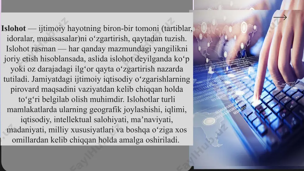 yanada isloh qilish. iqtisodiyotni yanada rivojlantirish va liberallashtirish. ijtimoiy sohani rivojlantirish. xavfsizlik, millatlararo totuvlik va diniy bag‘rikenglikni ta’minlash, chuqur o‘ylangan, o‘zaro manfaatli va amaliy ruhdagi tashqi siyosat yuritish. . endilikda iqtisodiyotdagi tarkibiy o‘zgarishlarni amalga oshirish quyidagi yo‘nalishlarda davom ettirish lozim bo‘ladi: qishloq xo‘jaligida tarkibiy o‘zgarishlar; bazaviy tarmoqlarda tarkibiy o‘zgarishlar; uyg‘unlashgan sanoat siyosatini yuritish; eksportga yo‘naltirilgan ishlab chiqarishni rag‘batlantirish; mahsulotlarning raqobatbardoshligini oshirish; avtomobilsozlik va gaz-kimyo, elektr texnikasi, to‘qimachilik, oziq-ovqat, farmatsevtika, axborot va telekommunikatsiya tarmoqlarida yangi va zamonaviy ishlab chiqarishlarni tashkil etish. o‘zbekistonda mulkni xususiylashtirish jarayonida ikkita muhim strategik vazifa hal etilishi ko‘zda tutilgan: birinchi strategik vazifaning asosiy mazmuni – bu davlat tasarrufidan chiqarilayotgan va xususiylashtirilayotgan mulkning haqiqiy mulkdorlar qo‘liga berilishi iqtisodiy munosabatlarni tubdan o‘zgartirish uchun real shart-sharoit yaratishga imkon tug‘diradi. xususiylashtirishning ikkinchi strategik vazifasi esa iqtisodiyotda ko‘p ukladlilikni hamda rag‘batlantiruvchi kuchga ega bo‘lgan raqobat muhitini yaratish, shu orqali davlatni mulkka bo‘lgan monopol huquqini tugatish, xususiy mulkchilikning turli shaklidagi korxonalarni barpo etishdir. …