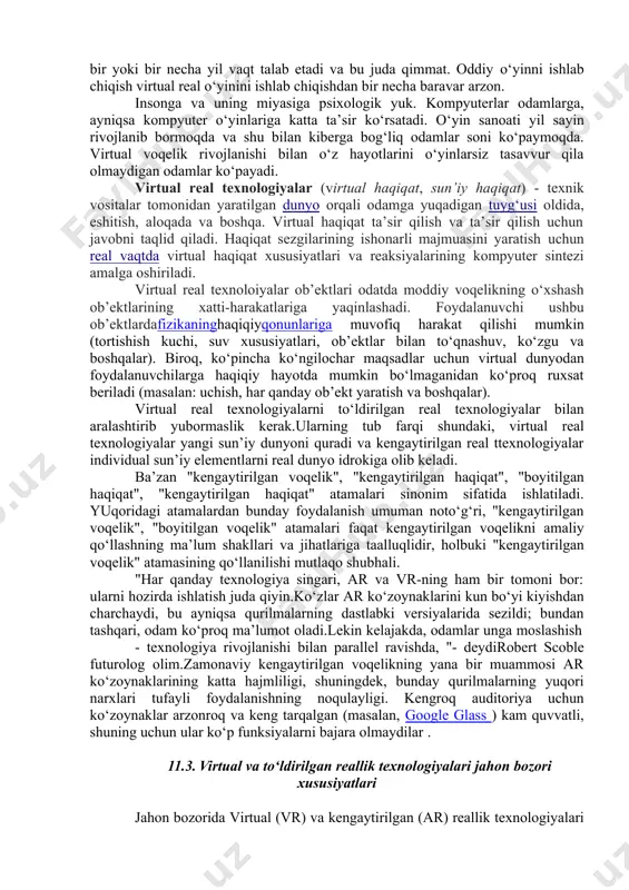 ga ularga tayyorgarlik ko‘rishga imkon beradi. odatda, boshqa politsiya xodimlari ilgari xatolarga yo’l qo‘ygan vaziyatlar yuzaga keladi. shunday qilib, inson hayot uchun xavfli vaziyatga tushib qolmasdan, juda katta tajribaga ega bo‘ladi. virtual haqiqat texnologiyasiga asoslanib, ushbu tizim yaqinda foydalanila boshlandi.shuning uchun bunday mashg‘ulotning samaradorligi ma’lum vaqtdan keyin ma’lum bo‘ladi.shundagina huquqni muhofaza qilish idoralari xodimlari uchun bunday trening natijasi yoki yo’qligi ma’lum bo‘ladi. virtual haqiqat texnologiyalarini rivojlantirishdagi asosiy yo‘nalishlardan biri bu o‘yin sohasi. bugungi kunda ushbu bozorning hajmi juda katta, u o‘sishda va faol rivojlanishda davom etmoqda. vt klublari virtual volamga sho‘ng‘ish va dam olish uchun ajoyib imkoniyatdir. noyob texnologiyalar yordamida har qanday kishi sog‘liq uchun noma’lum dunyoga xavfsiz kirib, u bilan tanishishi va o‘zaro aloqada bo‘lishi mumkin. sun’iy ravishda yaratilgan dunyoga to‘liq botish maxsus texnik vositalar yordamida amalga oshiriladi. virtual muhitda foydalanuvchi turli xil sinovlarda qatnashishi, topshiriqni bajarishi, zombi bilan kurashishi yoki kosmik kemada uchishi mumkin.har bir kishi taklif qilingan …