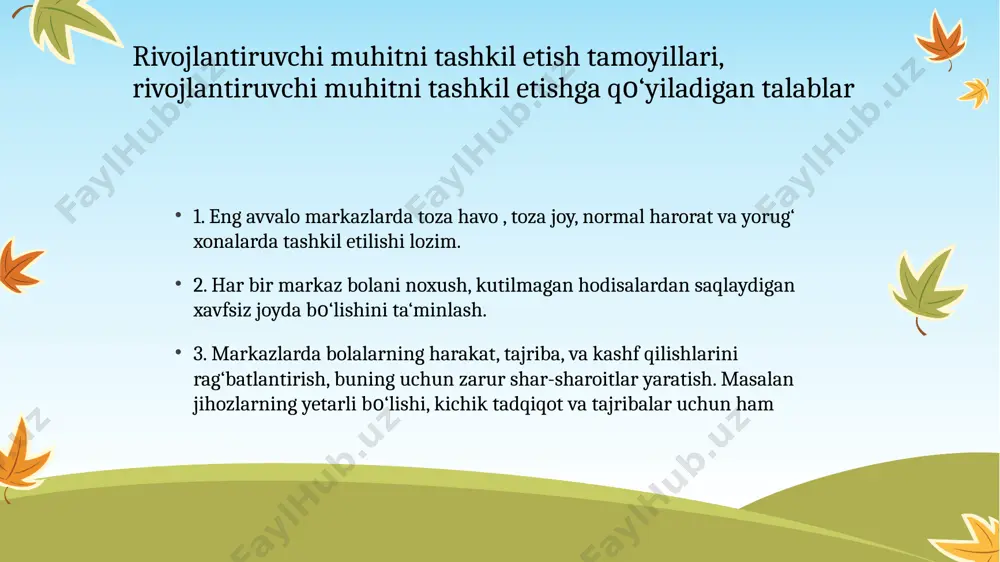 da tutiladi: -qurish-yasash, konstruksiyalash va markazi; - syujet-rolli о‘yinlar va dramalashtirish markazi; - til va nutq; - ilm-fan va tabiat markazi; - san‘at markazi. 14 tarbiyachilar rivojlanish markazlarida bolalarning yordamchilari rolini о‘ynaydilar, mashg‘ulotlar olib boriladigan joyda imkoniyatlar kengligini ta‘min etadilar va har bir bola individual rivojlanishi darajasini egallay olgan xolda faoliyat turlarini rejalashtiradilar. kun tartibi turli mashg‘ulot turlarini о‘zida qamrab olishi lozim: kichik guruhlarda birgalikda va tarbiyachi hamkorligida yakka tartibda (individual) yoki mustaqil (ular tomonidan tanlagan mashg‘ulotlarga vaqt ajratish kerak, chunki bolalar ongli tanlab olishni о‘rganadilar, о‘z qiziqish va qobiliyatlarini amalga oshiradilar) 15 e’tiboringiz uchun raxmat! 16 image1.jpeg /docprops/thumbnail.jpeg