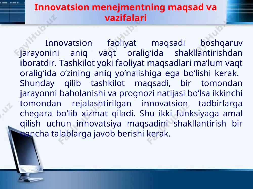 muammolar va yarim fabrikatlar, shuningdek, komplektlanadigan yangi xomashyolardan foydalanishni talab qiladi. texnologik parametrlarga jarayon yangilanishi: ishlab chiqarishning yangi texnalogiyalarini qo‘llash; yuqori darajadagi avtomatizatsiya; ishlab chiqarishning yangi metodlarini qo‘llash kiradi. innovatsiyasing klassifikatsiyasi tavsifli alomatlar innovatsiyaning guruhli tavsifi 1 innovatsiyani tadbiq etish sohalari boshqaruv, tashkilot, ijtimoiy sanoat 2 ilmiy texnik jarayoni (itj) bosqichlari ilmiy, texnik, texnologik, konstrtuktorlik, ishlab chiqaruvchi, informatsion 3 innovatsiyaning intensiv bosqichi “bun”, teng kuchsiz, to‘liq 4 innovatsiyaning amalga oshish tezligi tez, sekinlashtirilgan, kanalovchan, tarqoq, teng o‘lchovli, har tamonlama o‘zgarish 5 innovatsiya miqdori transkontenental, transmilliy, hududiy,yirik, o‘rta, kichik 6 innovatsiyaning natijaliligi baland, past, mustahkam 7 innovatsiya samaradorligi iqtisodiy, ijtimoiy, ekologik integral ilmiy texnik jarayon bosqichlari bo‘yicha innovatsiya o‘ziga xos xususiyatlarga ega: texnik mahsulotlarni ishlab chiqarishda rivojlangan usullardan foydalanish; tashkiliy boshqaruv xususiyati avvalo, ishlab chiqarish, transport va savdo, ta’limotda optimallikni tashkil etish bilan bog‘liq; informatsion xususiyat ilmiy texnik sohada innovatsion faoliyatda ratsional informatsiyani yuzaga keltirish bilan bog‘liq; ijtimoiy xususiyati mehnat sharoitini …