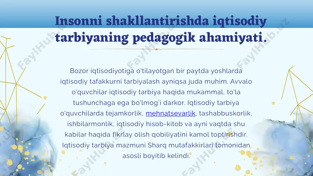 hamiyatga ega bo’lgan bilim va ko’nikmalarni shakllantirishda muhim hisoblanadi. tejamkor bo’lish, mavjud resurslardan oqilona foydalanish evaziga biz iqtisodiy resurslardan nafaqat uzoq muddat foydalanamiz, balki atrof – muhitning, tabiatning asl holida saqlanishiga va ko’plab ekologik muammolarning oldi olinishiga sababchi bo’lamiz. ekologik tarbiya haqida tushuncha. ekologik ta’lim-tarbiyaning asosiy vazifa va maqsadlari insonni tabiat bilan va unda sodir bo’layotgan voqeliklar bilan qiziqtirish, inson, tabiat o’rtasidagi muammolarning kelib chiqish sabablarini aniqlash, echish yo’llari, chora-tadbirlarini topish yetarli ekologik bilimlarga ega bo’lgan holda atrof muhit muhofazasini amalga oshirishdir. ekologik ta’lim asosida inson, jamiyat a’zolarini tabiat va uning boyliklarini saqlash, tejamkorlik bilan foydalanishda to’g’ri va oqilona yo’l tutishi, amaliy ishlarni muhit muammolarini echishga bag’ishlashi, shaxsning ekologik ta’limoti, tarbiyasi va madaniyatiga befarqdir. tabiatni muhofaza qilish xozirgi zamonning asosiy masalalaridan biri bo`lib qolganini o`quvchi ongiga 1-chi navbatda singdiriladi. haqiqatan tabiiy boyliklardan haddan tashqari darajada ko`p foydalanish, yangi yerlarni rejasiz o`zlashtirish oqibatida ekologik muvozanat keskin o`zgardi, atrof-muhit ifloslandi. ayniqsa paxta …