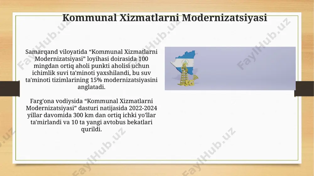 rslaridan samarali foydalanishga yordam beradi. samarqandda amalga oshirilayotgan “aqlli yoritish” loyihasi energiya sarfini 30% ga kamaytirish va shahar infratuzilmasini modernizatsiya qilish imkonini bermoqda. o'zbekistonda "aqlli shahar" konsepsiyasining paydo bo'lishi 2018-yilda toshkent shahrida “aqlli shahar” loyihasi doirasida 100 dan ortiq “aqlli” avtobus bekatlari o'rnatildi, bu shahar transport tizimini modernizatsiya qilishga qaratilgan edi. samarqand shahrida "aqlli shahar" konsepsiyasi doirasida energiya samaradorligini oshirish maqsadida 5000 dan ortiq ko'cha chiroqlari zamonaviy led chiroqlarga almashtirildi. transport tizimining avtomatlashtirilishi toshkent shahrida 2023-yilga kelib 100 dan ortiq avtobus yo'nalishlarida gps monitoringi va yo'lovchilar oqimini boshqarish tizimlari joriy etildi, bu transport samaradorligini 15% ga oshirdi. samarqandda aqlli transport tizimini rivojlantirish doirasida 2024-yil uchun 50 ta yangi elektr avtobuslar xarid qilish va ularning marshrutlarini optimallashtirish rejalashtirilgan. e'tiboringiz uchun rahmat @taqdimot_robot image7.jpg image8.jpg image9.jpg image10.jpg image11.jpg image12.jpg image13.jpg image14.jpg image15.jpg image16.jpg image17.jpg image18.jpg image19.jpg image20.jpg image21.jpg image22.jpg image23.jpg image3.png image4.png