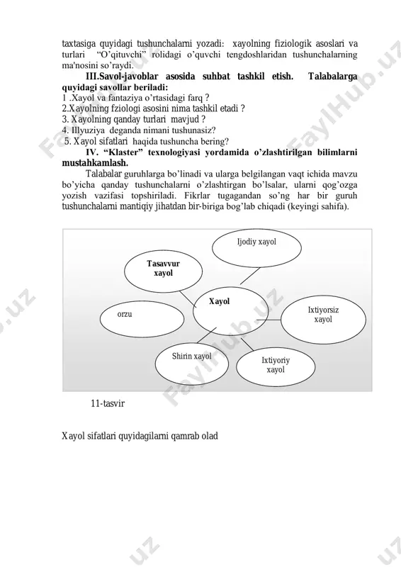 tushunchaarni yozadi: aql-idrok, jasorat, orzu-istak , dualizm refleks so‟ngra o‟quvchilardan bu tushunchalar nimani anglatishini so‟raydi, to‟g‟ri javob bera olgan talaba “o‟qituvchi” rolini ijro etadi. navbatdagi bosqichda talabalardan xayol xaqida ma‟lumotlar nomini kartochkalarga yozish so‟raladi. “o‟qituvchi” rolini bajarayotgan talaba o‟qituvchi yordamida topshiriqning juftliklar qanday bajarganini tekshiradi va yozuv taxtasiga quyidagi tushunchalarni yozadi: xayolning fiziologik asoslari va turlari “o‟qituvchi” rolidagi o‟quvchi tengdoshlaridan tushunchalarning ma'nosini so‟raydi. iii.savol-javoblar asosida suhbat tashkil etish. talabalarga quyidagi savollar beriladi: 1 .xayol va fantaziya o‟rtasidagi farq ? 2.xayolning fziologi asosini nima tashkil etadi ? 3. xayolning qanday turlari mavjud ? 4. illyuziya deganda nimani tushunasiz? 5. xayol sifatlari haqida tushuncha bering? iv. “klaster” texnologiyasi yordamida o‟zlashtirilgan bilimlarni mustahkamlash. talabalar guruhlarga bo‟linadi va ularga belgilangan vaqt ichida mavzu bo‟yicha qanday tushunchalarni o‟zlashtirgan bo‟lsalar, ularni qog‟ozga yozish vazifasi topshiriladi. fikrlar tugagandan so‟ng har bir guruh tushunchalarni mantiqiy jihatdan bir-biriga bog‟lab chiqadi (keyingi sahifa). 11-tasvir xayol sifatlari quyidagilarni qamrab olad xayol …
